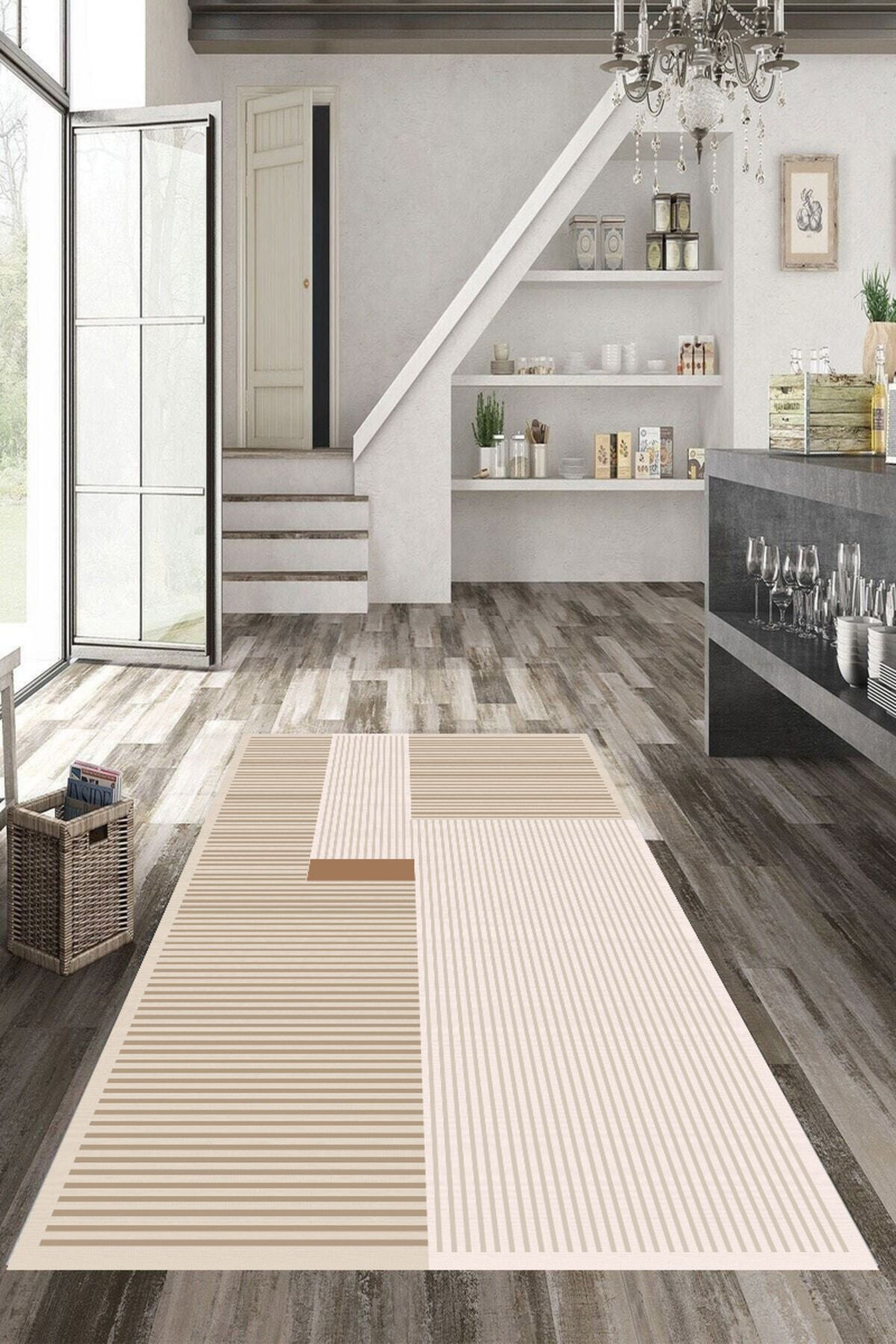 MKYHOME Makinede Yıkanabilir Kaymaz Taban Leke Tutmaz krem Çizgili Salon ve Yolluk Halısı
