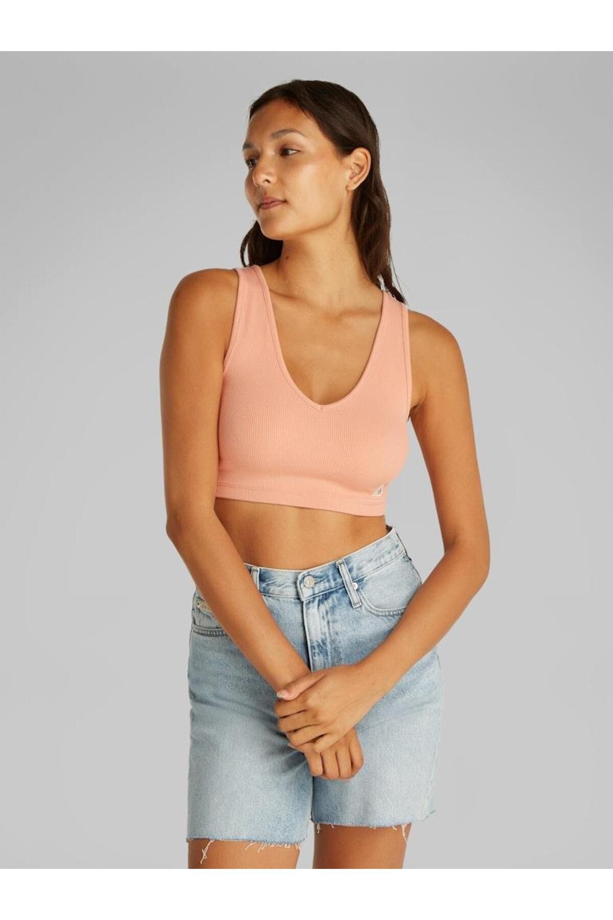 Calvin Klein Kadın WOVEN LABEL RIB BRALETTE T-Shirt