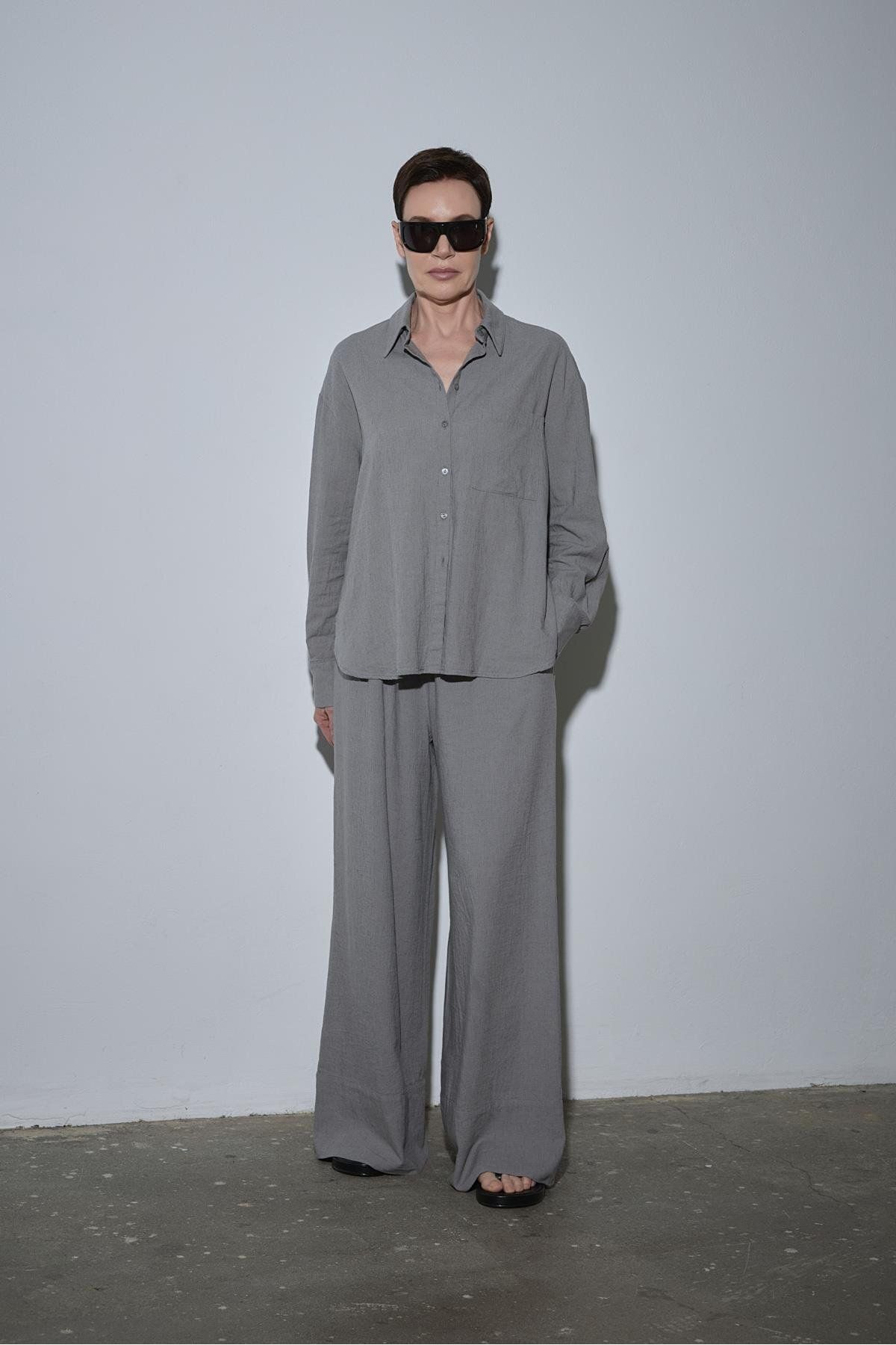 Suud Collection Gri Serin Palazzo Keten Pantolon