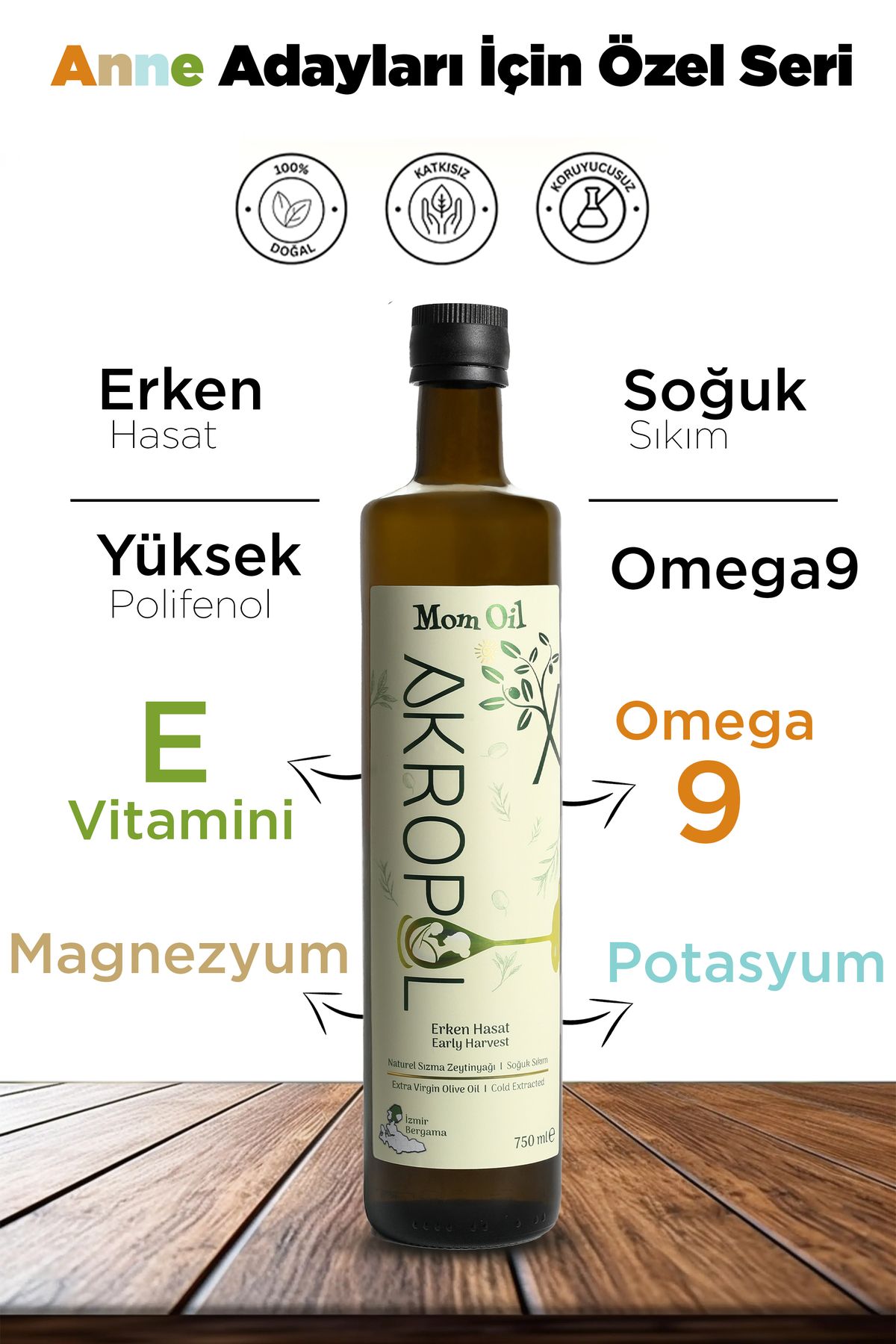 akropol %100 Organik Anne Adayları Serisi Soğuk Sıkım - Erken Hasat Naturel Sızma Zeytinyağı 750ml
