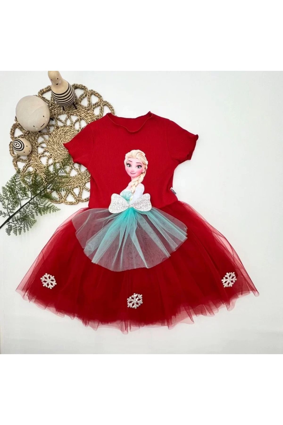 onlinebutik Elsa Desenli Fiyonklu Tül Etekli Astarlı Kısa Kollu Kız Çocuk Tütü Elbise Kırmızı