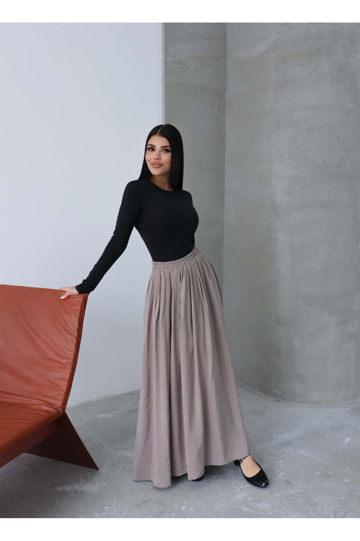 Hatun Atila Modal Kumaş Beli Lastikli Cepli Etek 8821 Vizon