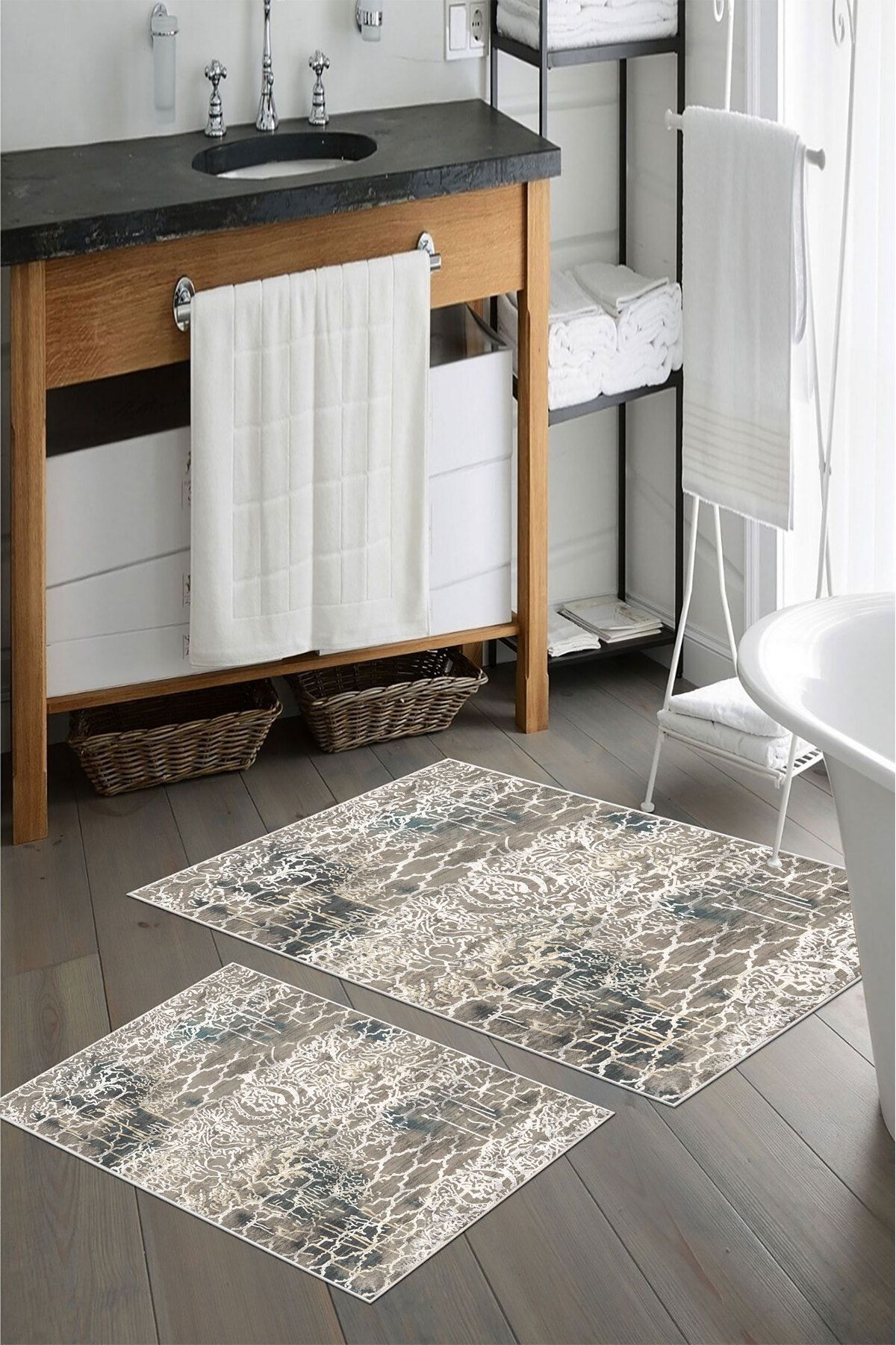 nova century Kaymaz Taban Yıkanabilir 2’li Banyo Paspası - Nova Bath Desenli 60*100 Cm - 50*60 Cm