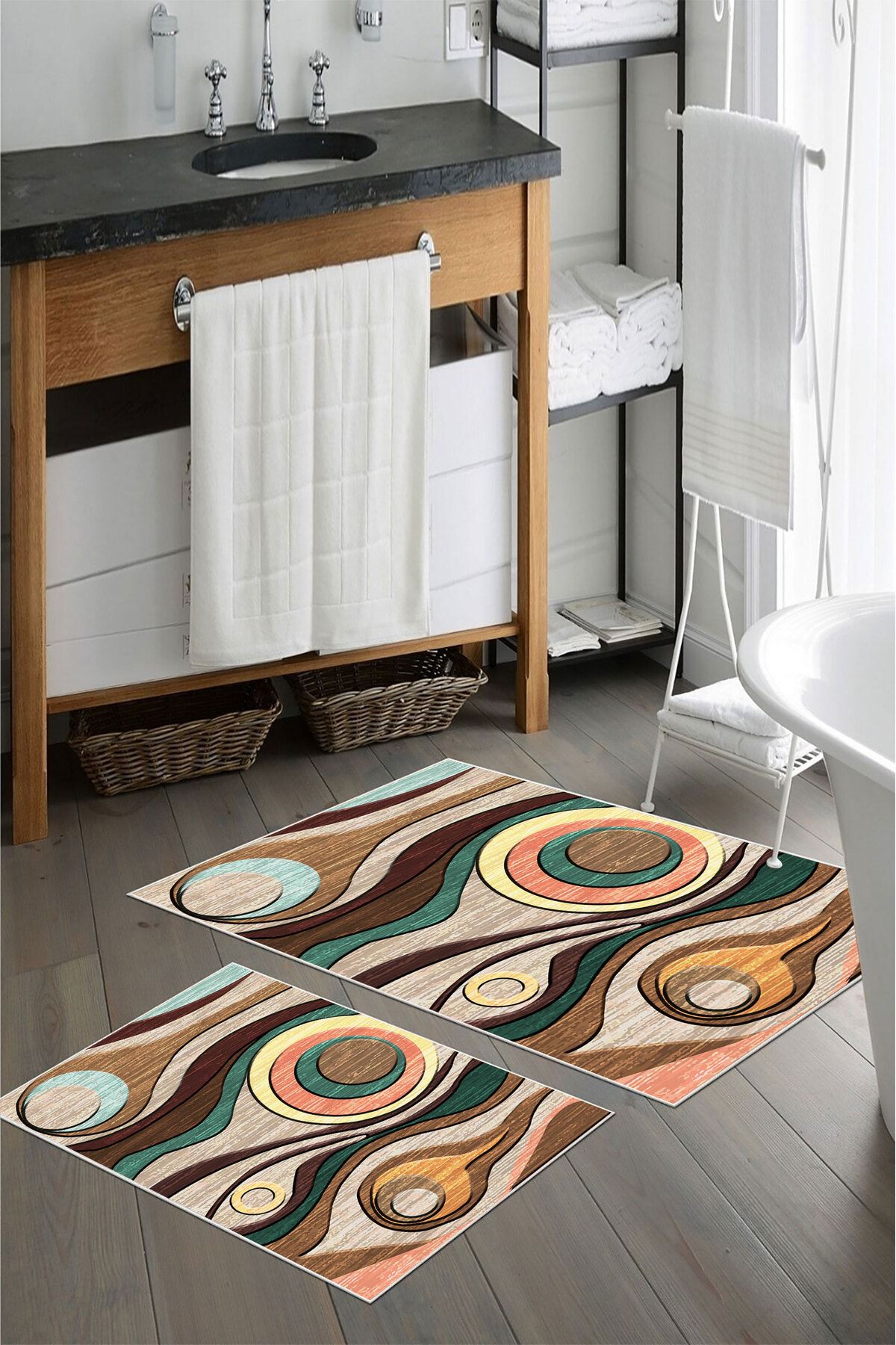 nova century Kaymaz Taban Yıkanabilir 2’li Banyo Paspası - Nova Bath Desenli 60*100 Cm - 50*60 Cm
