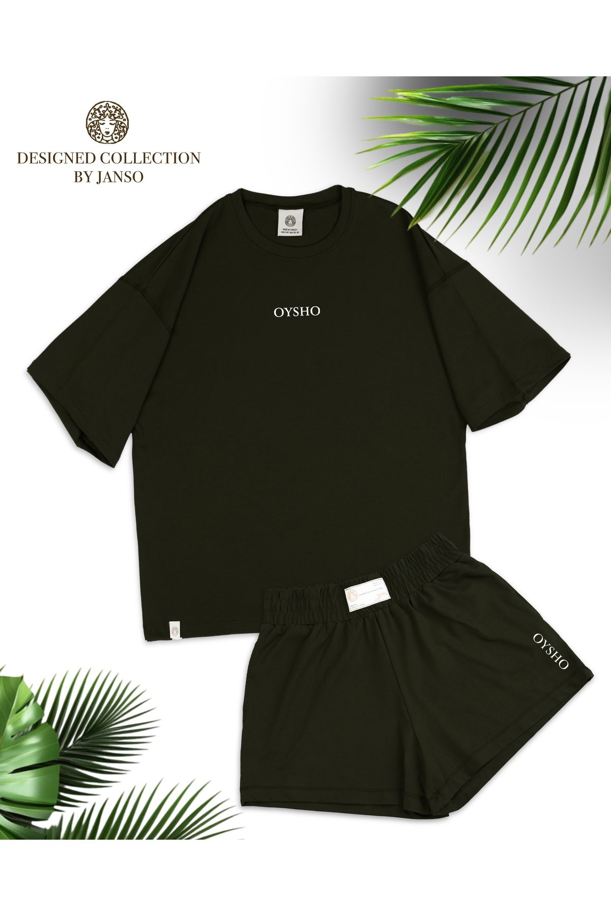 JANSO GROUP -KADIN BASKILI KISA KOLLU TSHIRT-ŞORT TAKIMI 2Lİ BÜYÜK BEDEN PAMUKLU