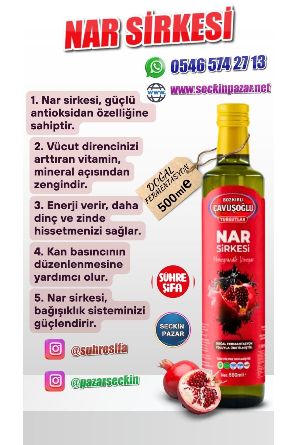 Bozkırlı Çavuşoğlu Sirke 500ml Nar