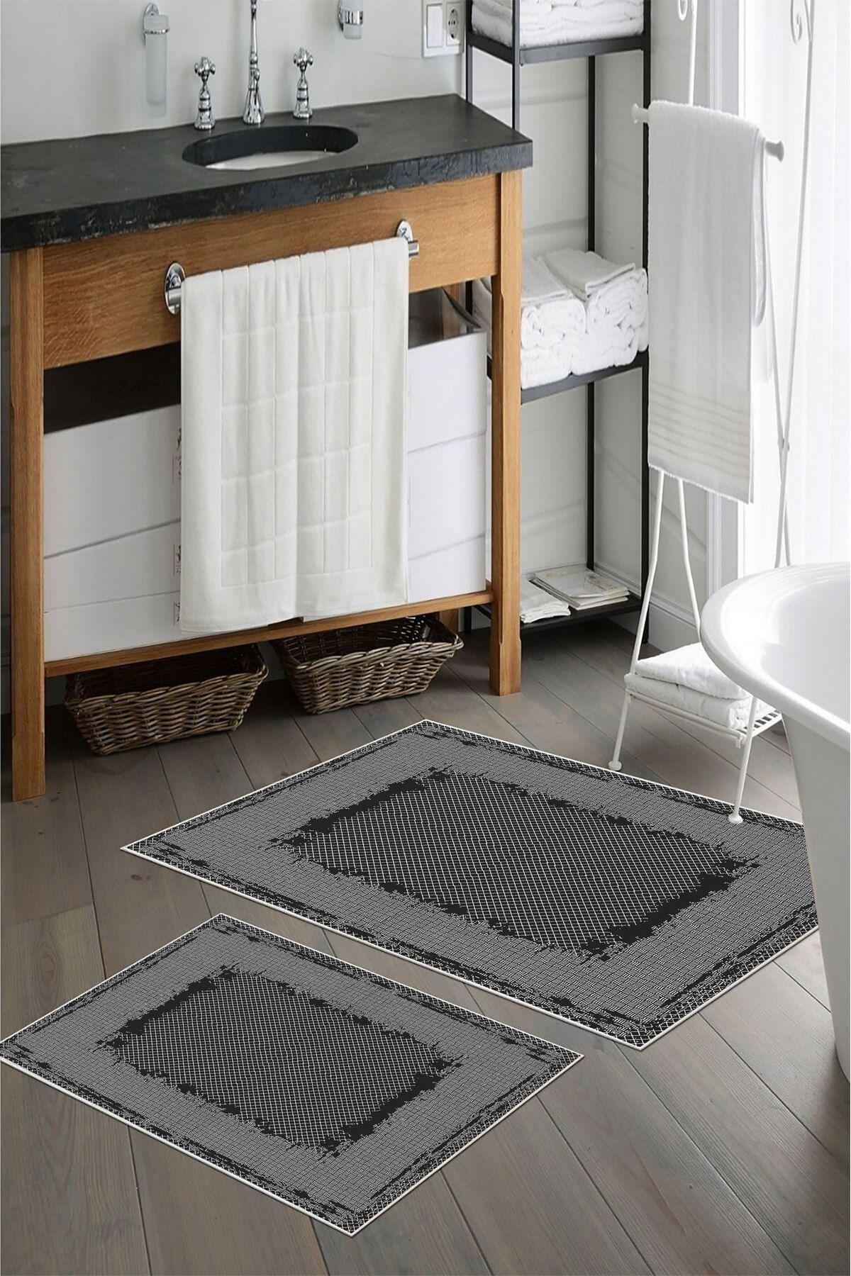 nova century Kaymaz Taban Yıkanabilir 2’li Banyo Paspası - Nova Bath Desenli 60*100 Cm - 50*60 Cm