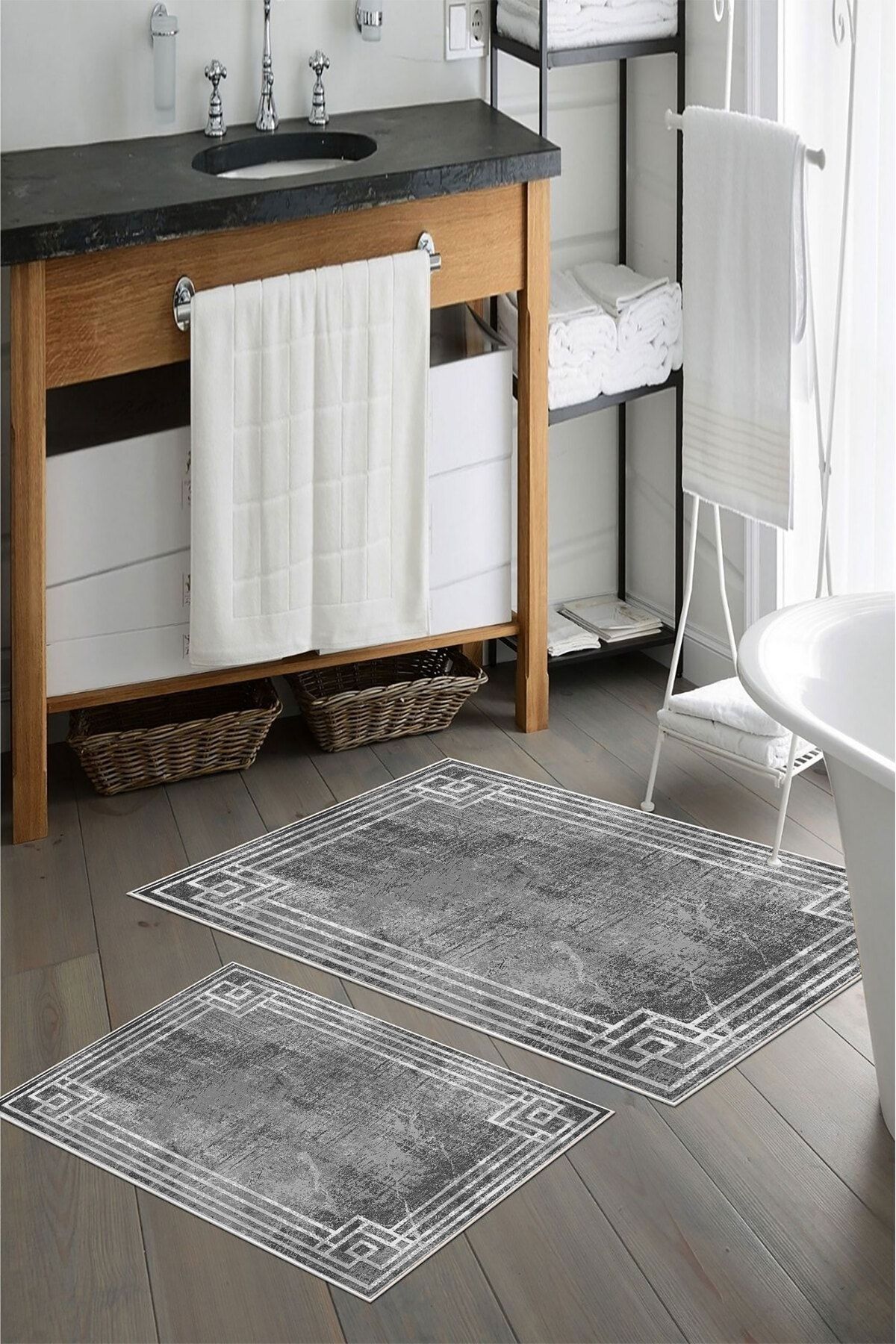 nova century Kaymaz Taban Yıkanabilir 2’li Banyo Paspası - Nova Bath Desenli 60*100 Cm - 50*60 Cm
