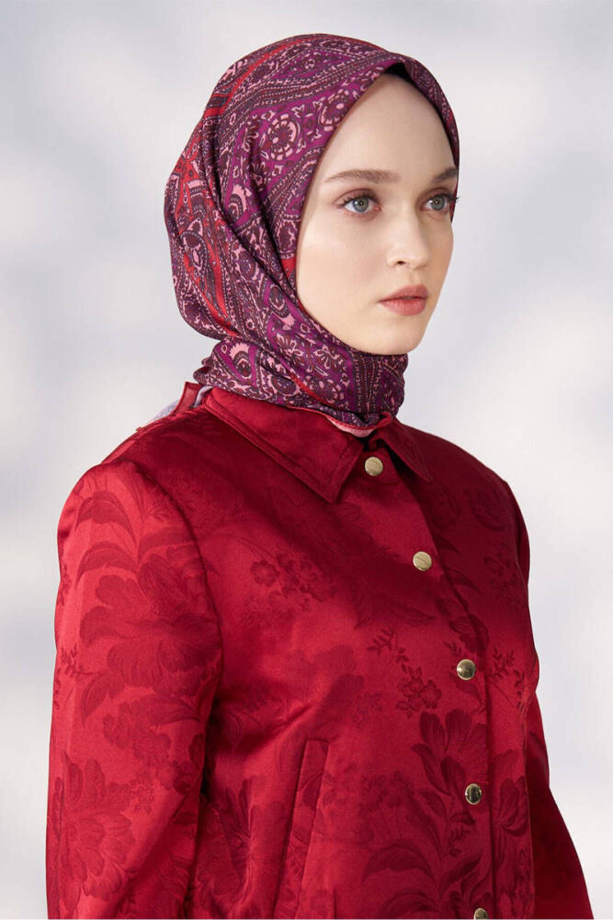 Madame Polo daisy glory desen eşarp - morkırmızı