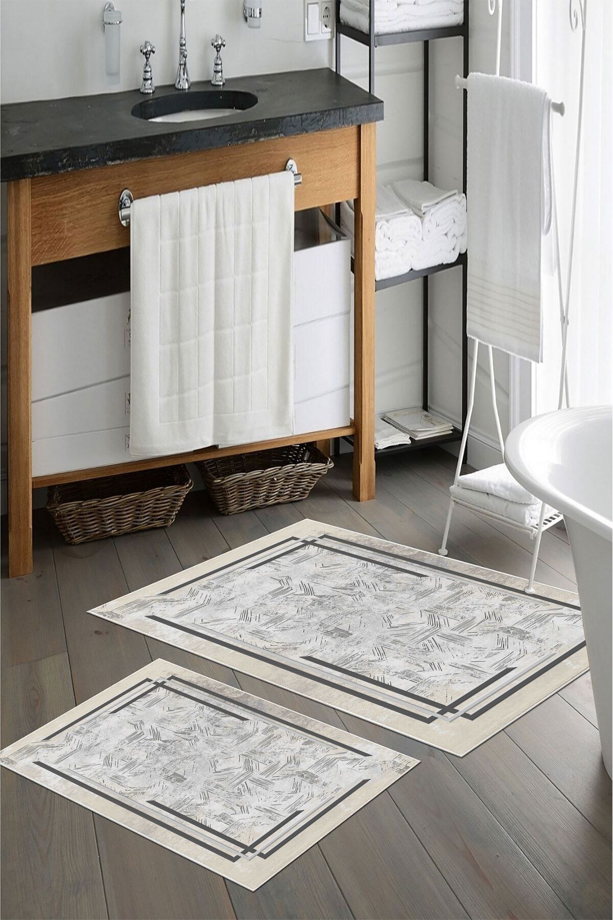 nova century Kaymaz Taban Yıkanabilir 2’li Banyo Paspası - Nova Bath Desenli 60*100 Cm - 50*60 Cm