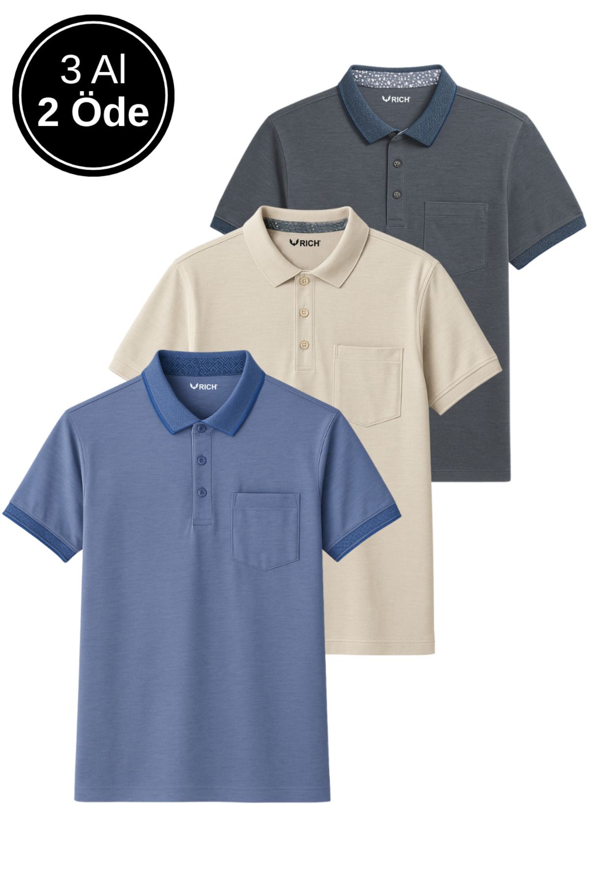 Rich Erkek 3'Lü Paket Slim Fit Tişört Dar Kesim Nefes Alan Kumaş Polo Yaka T-Shirt