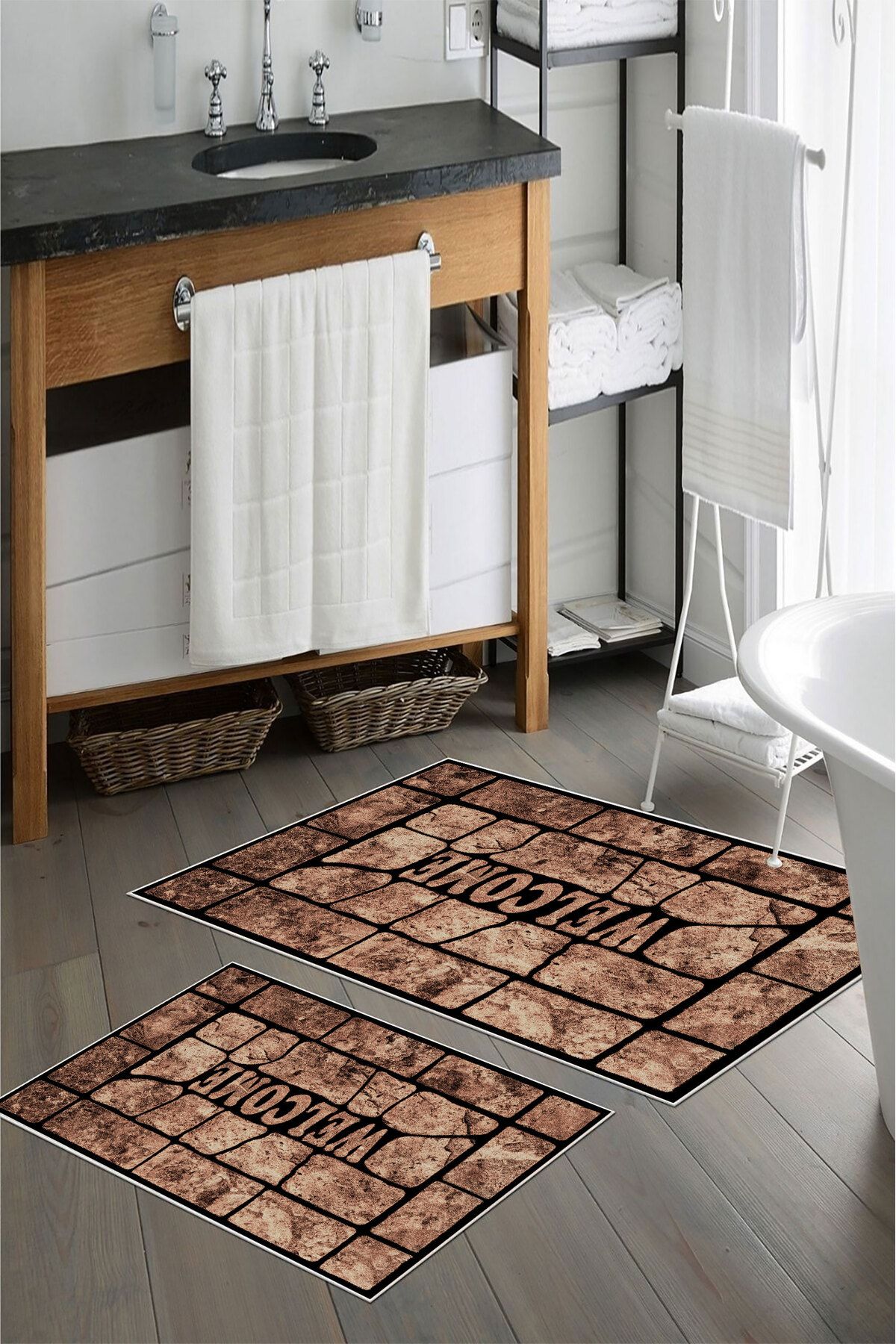nova century Kaymaz Taban Yıkanabilir 2’li Banyo Paspası - Nova Bath Desenli 60*100 Cm - 50*60 Cm