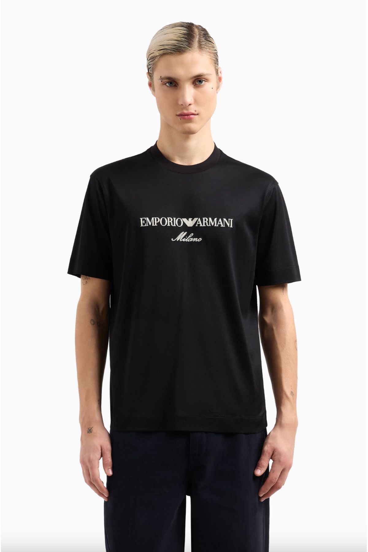 Emporio Armani Jersey-Lyocell Blend T-shirt with ASV Logo Embroidery