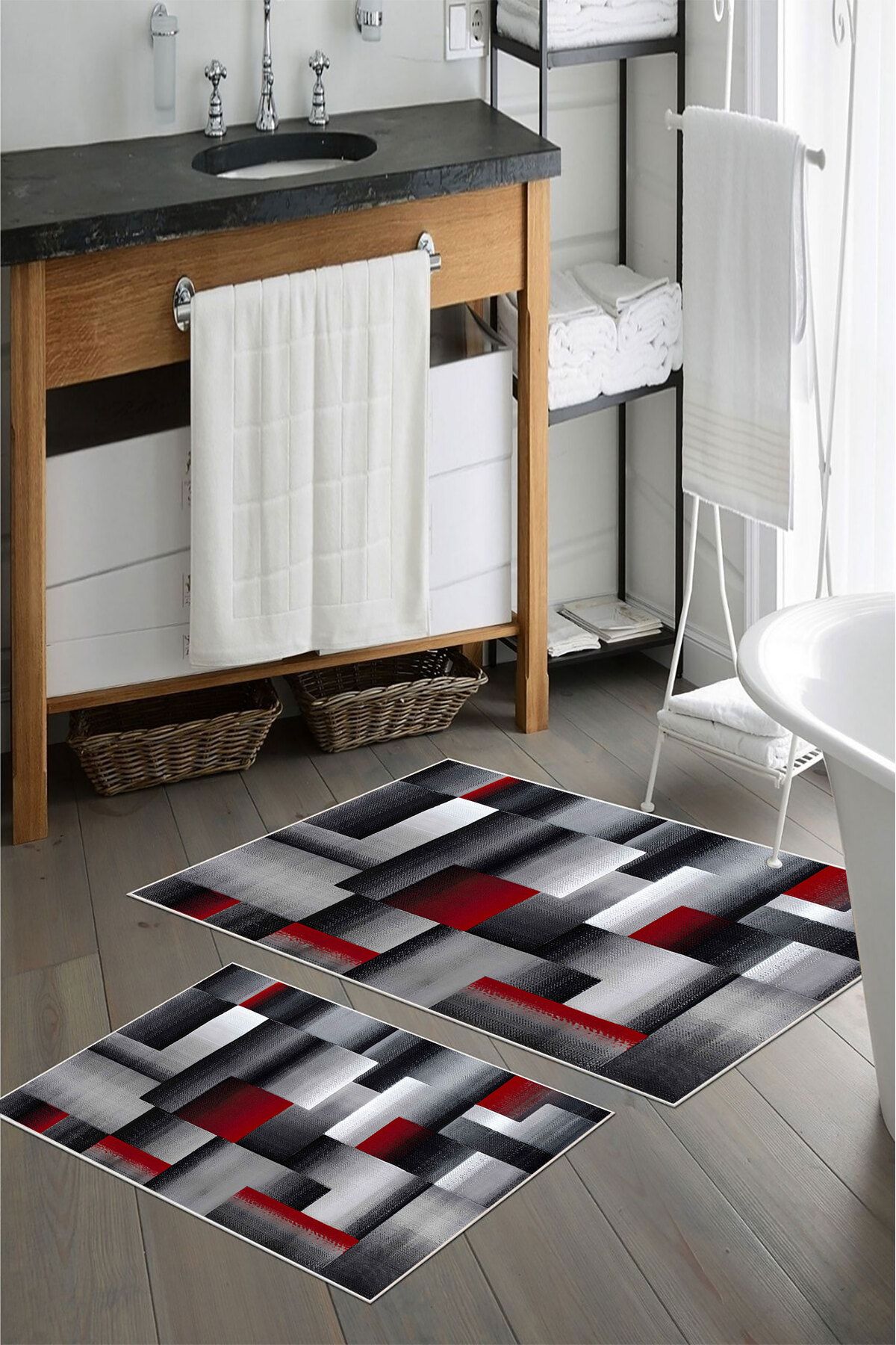 nova century Kaymaz Taban Yıkanabilir 2’li Banyo Paspası - Nova Bath Desenli 60*100 Cm - 50*60 Cm