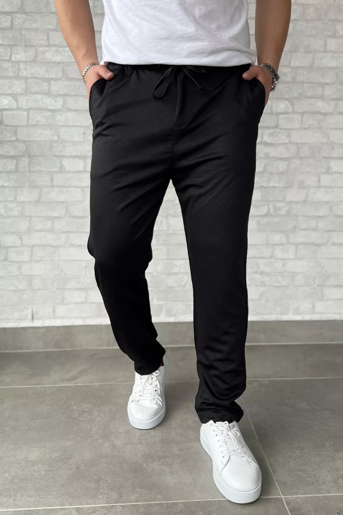 MİSHAR İTALİA Siyah Bel Bağcıklı Erkek Jogger Pantolon