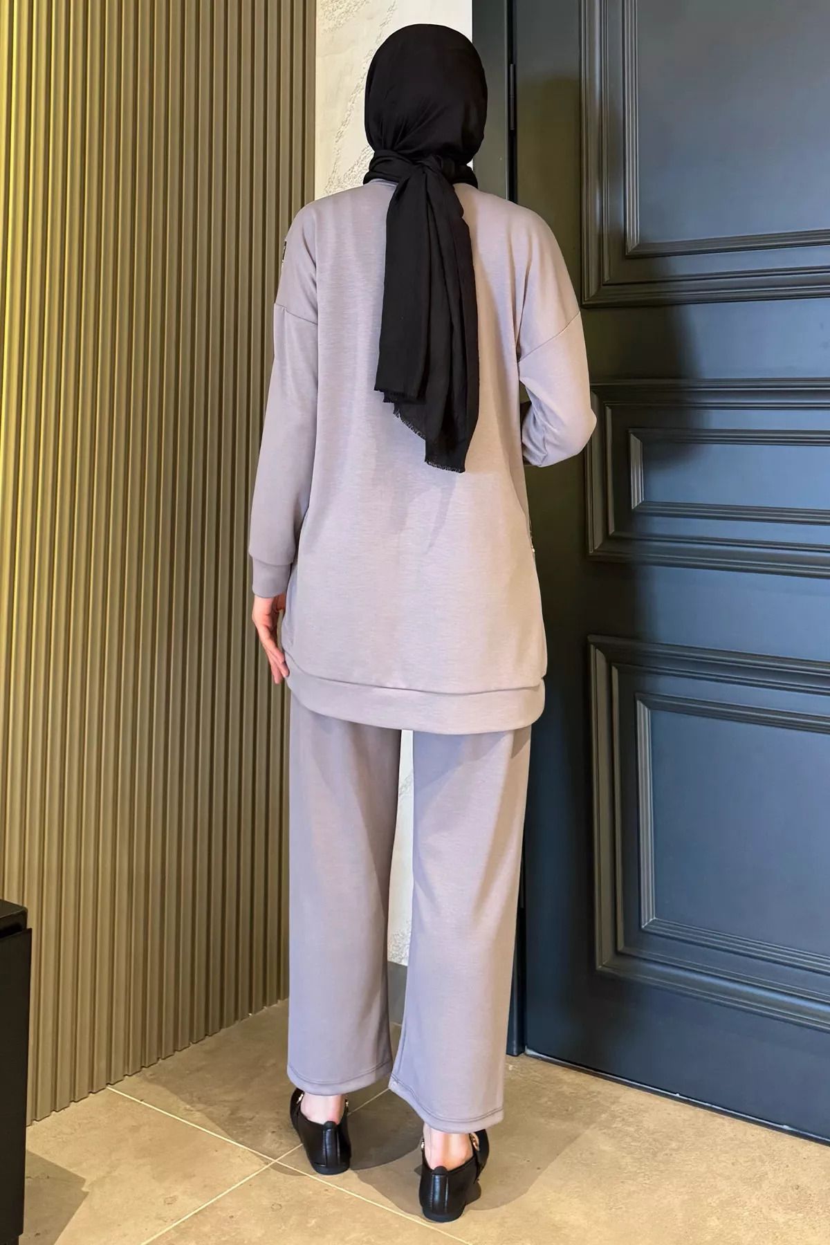 julude-Gray Leopard Patterned Large Size Tunic Pants Hijab Double Set 8