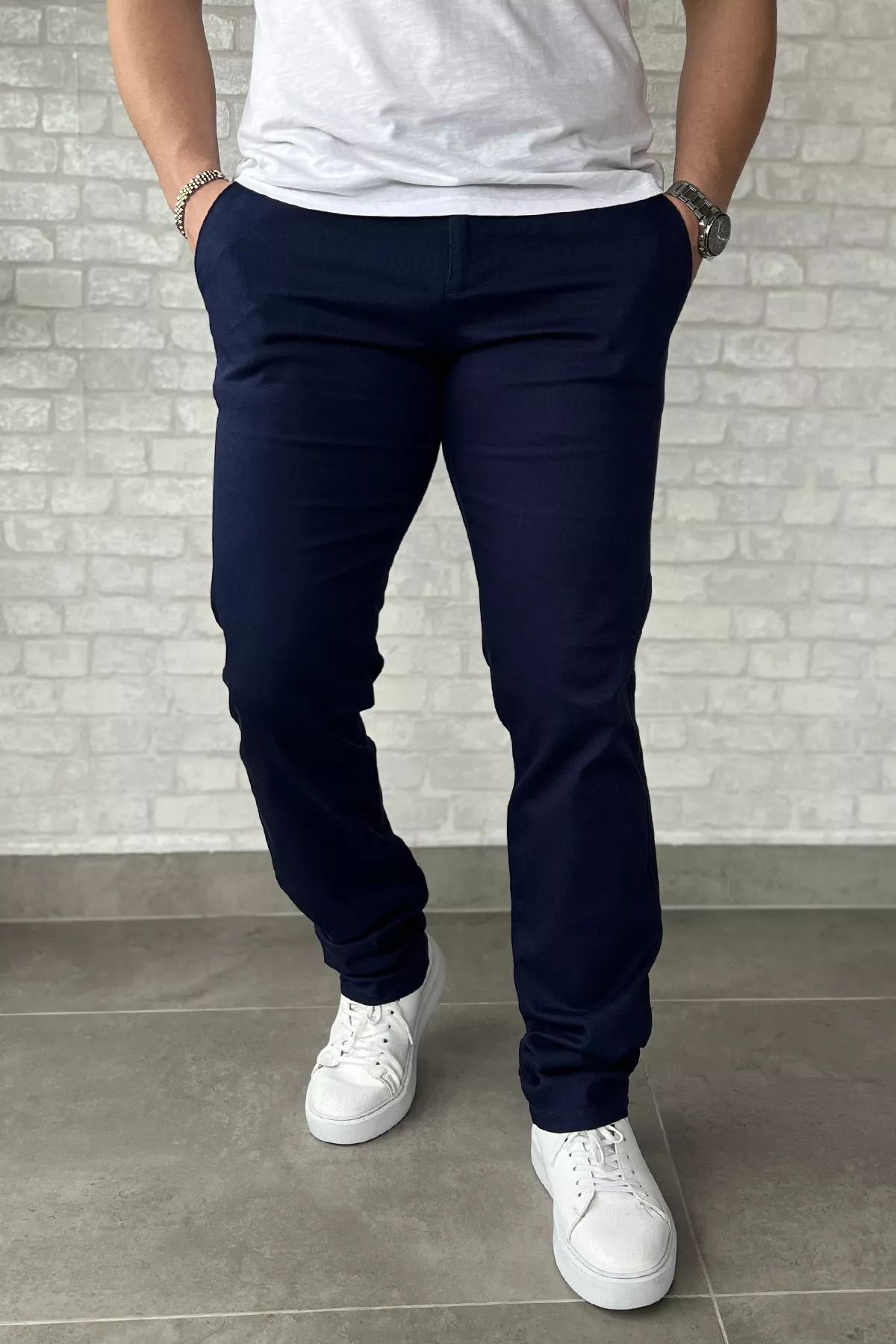 MİSHAR İTALİA Lacivert Erkek Dikiş Detaylı Gabardin Pantolon