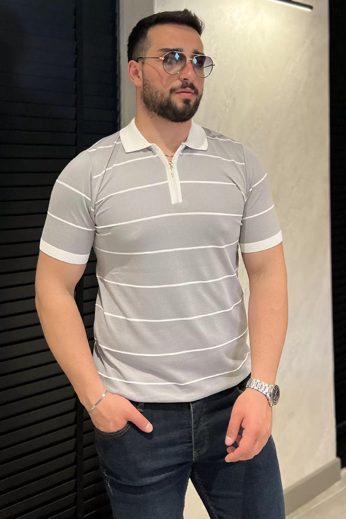 MİSHAR İTALİA Gri Erkek Polo Yaka Yarım Fermuarlı Çizgi Desenli Triko Tişört