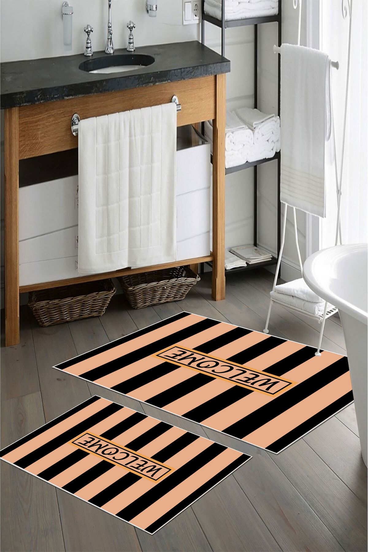 nova century Kaymaz Taban Yıkanabilir 2’li Banyo Paspası - Nova Bath Desenli 60*100 Cm - 50*60 Cm