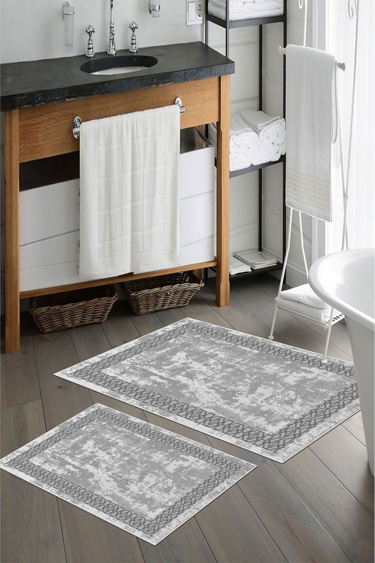 nova century Kaymaz Taban Yıkanabilir 2’li Banyo Paspası - Nova Bath Desenli 60*100 Cm - 50*60 Cm