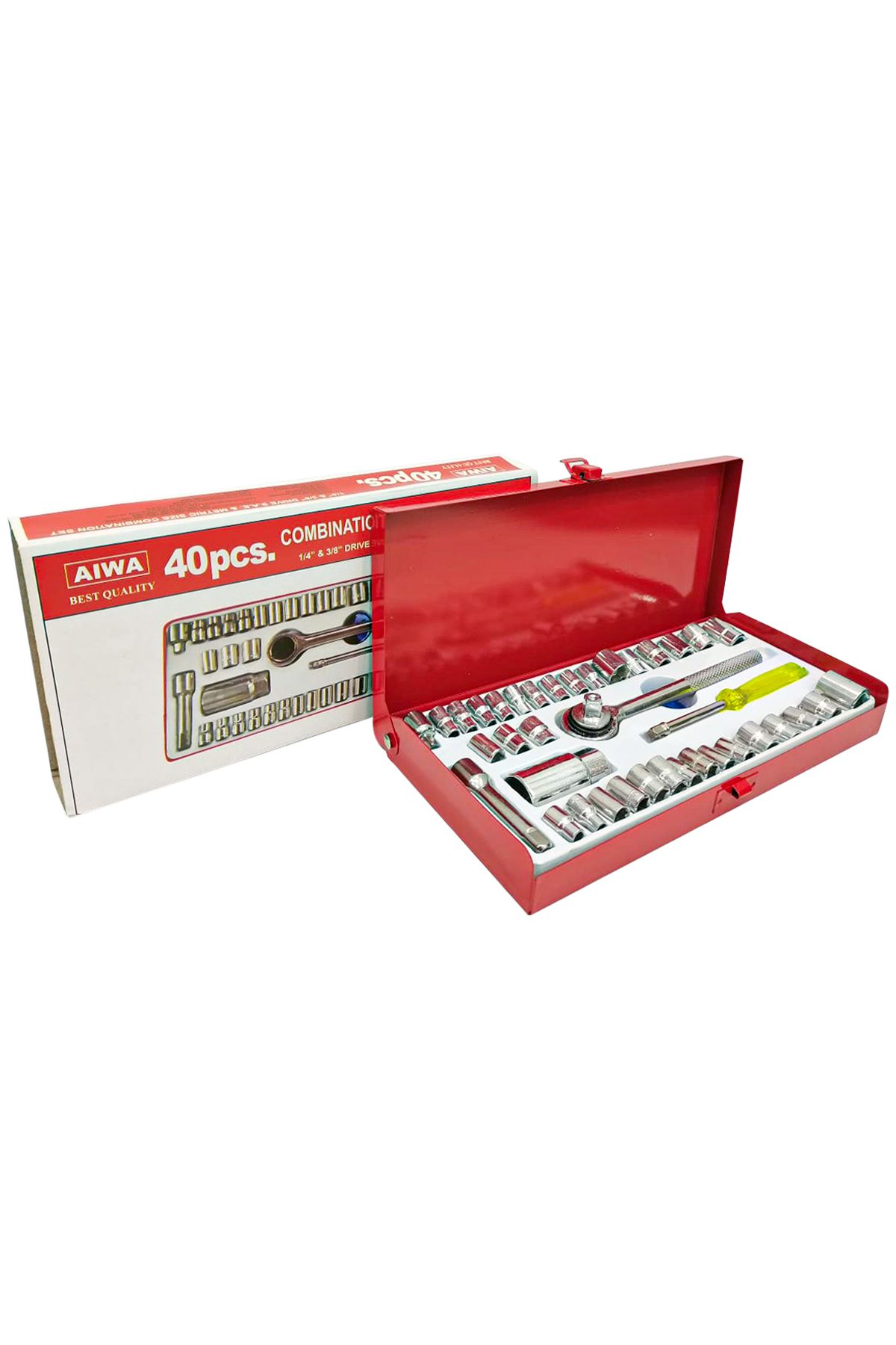 Aiwa-40 Pcs Combination Socket Wrench Set - 1/4" & 3/8" Drive, SAE & Metric, Durable Tool Kit 3