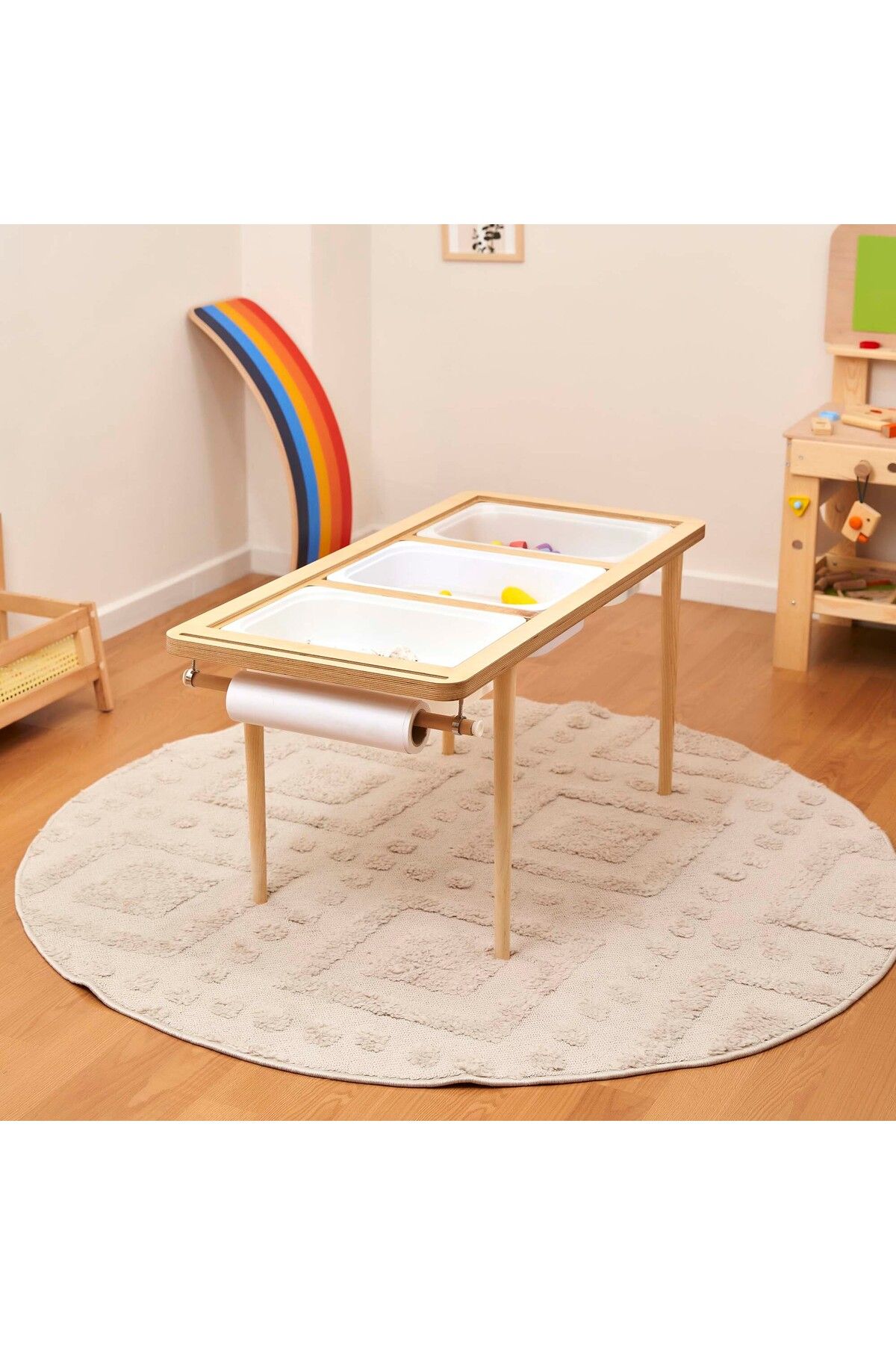 Monti Mania Montessori Huş Çocuk Aktivite Masası 3 Sepet Beyaz/kara Tahtalı Rulo Kişiselleştirilebilir 2-6 Yaş