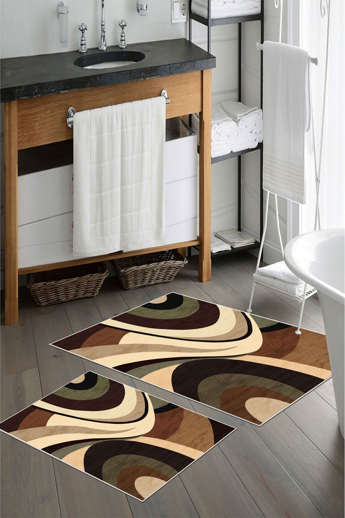 nova century Kaymaz Taban Yıkanabilir 2’li Banyo Paspası - Nova Bath Desenli 60*100 Cm - 50*60 Cm