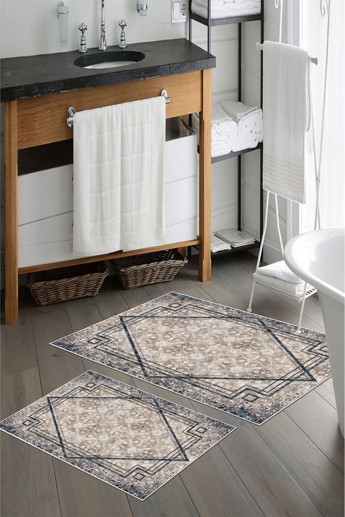 nova century Kaymaz Taban Yıkanabilir 2’li Banyo Paspası - Nova Bath Desenli 60*100 Cm - 50*60 Cm