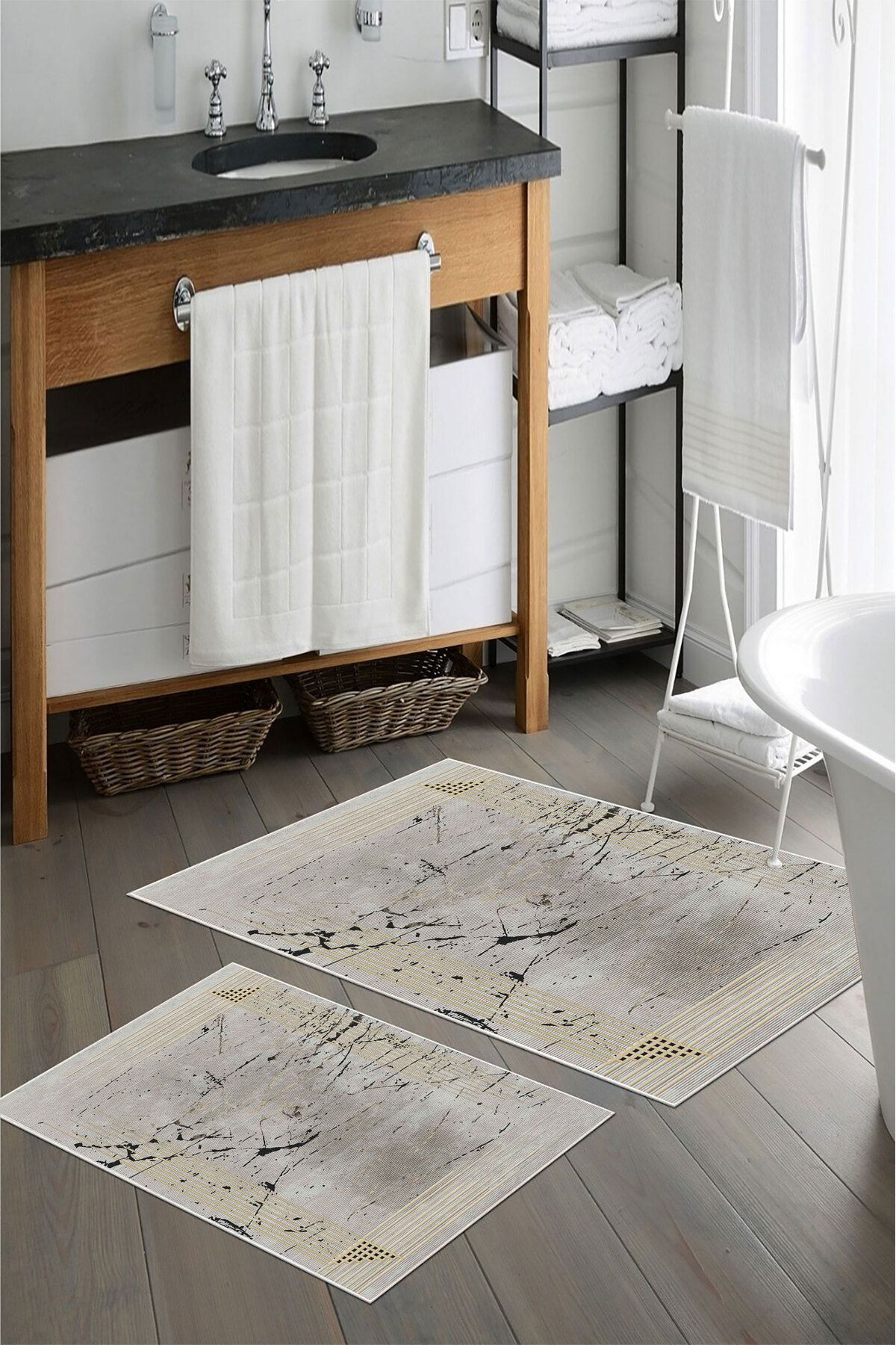nova century Kaymaz Taban Yıkanabilir 2’li Banyo Paspası - Nova Bath Desenli 60*100 Cm - 50*60 Cm