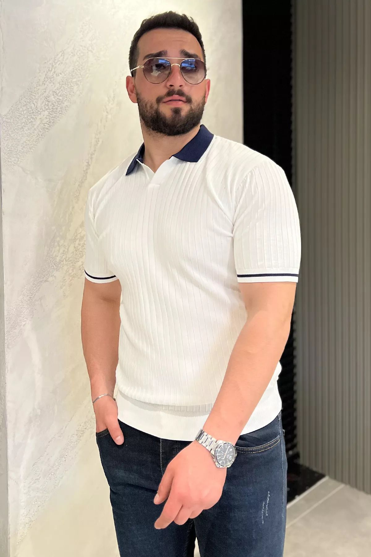MİSHAR İTALİA Beyaz Erkek Polo Yaka Kendinden Çizgi Desenli Triko Tişört