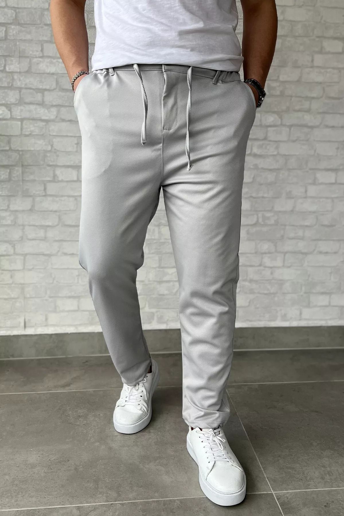 MİSHAR İTALİA Gri Bel Bağcıklı Erkek Jogger Pantolon