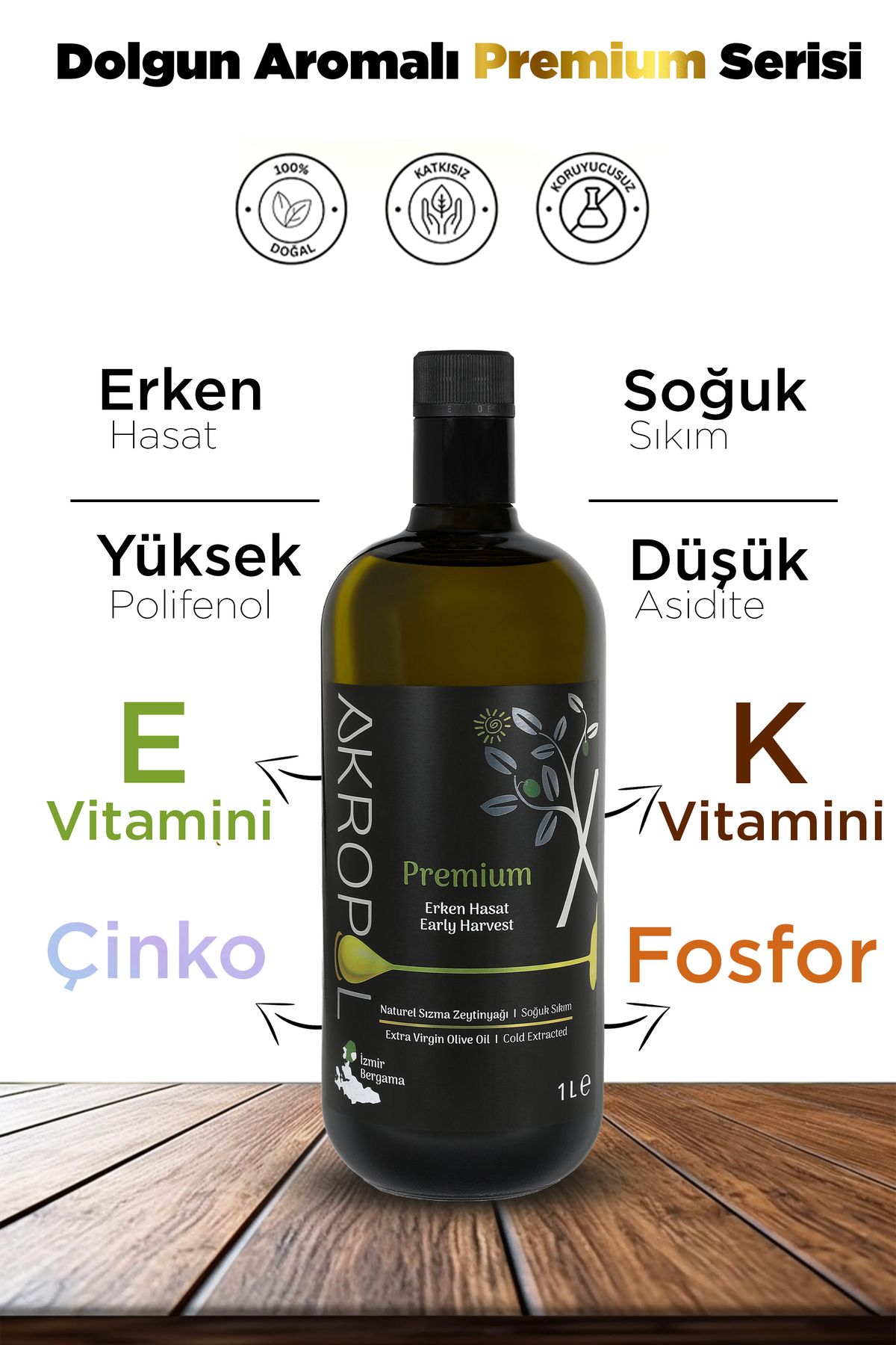 akropol %100 Organik Premium Serisi 1l Erken Hasat - Soğuk Sıkım Naturel Sızma Zeytinyağı