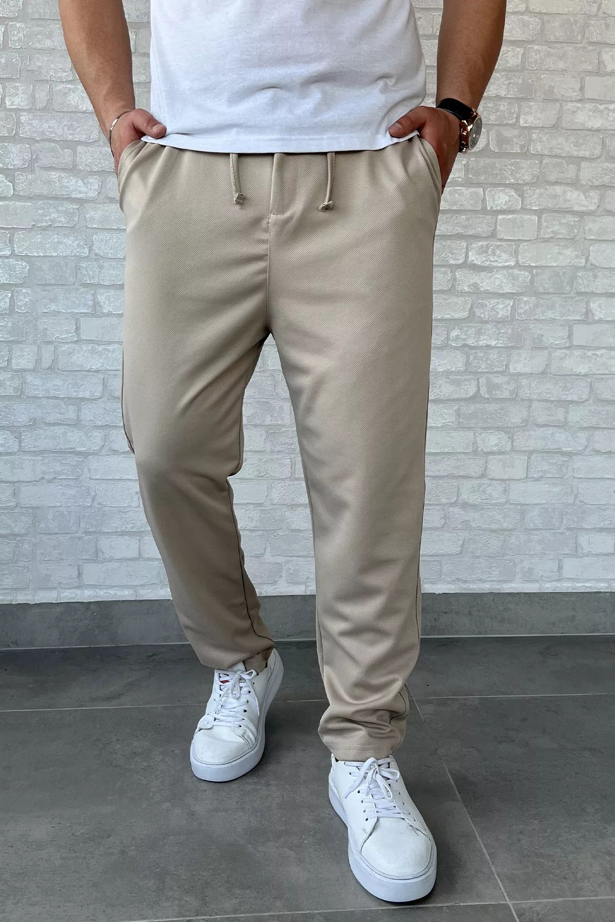 MİSHAR İTALİA Bej Bel Bağcıklı Erkek Jogger Pantolon
