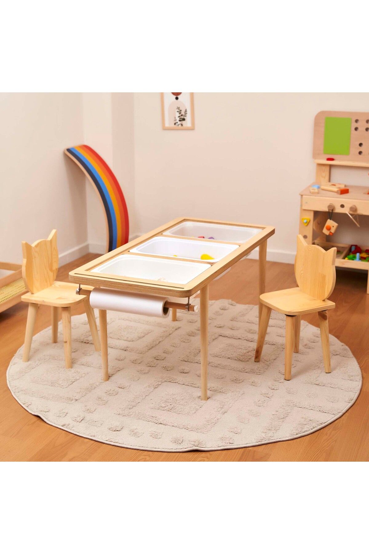 Monti Mania Montessori Huş Çocuk Aktivite Masası 3 Sepet Beyaz/kara Tahtalı Rulo Kişiselleştirilebilir 2-6 Yaş