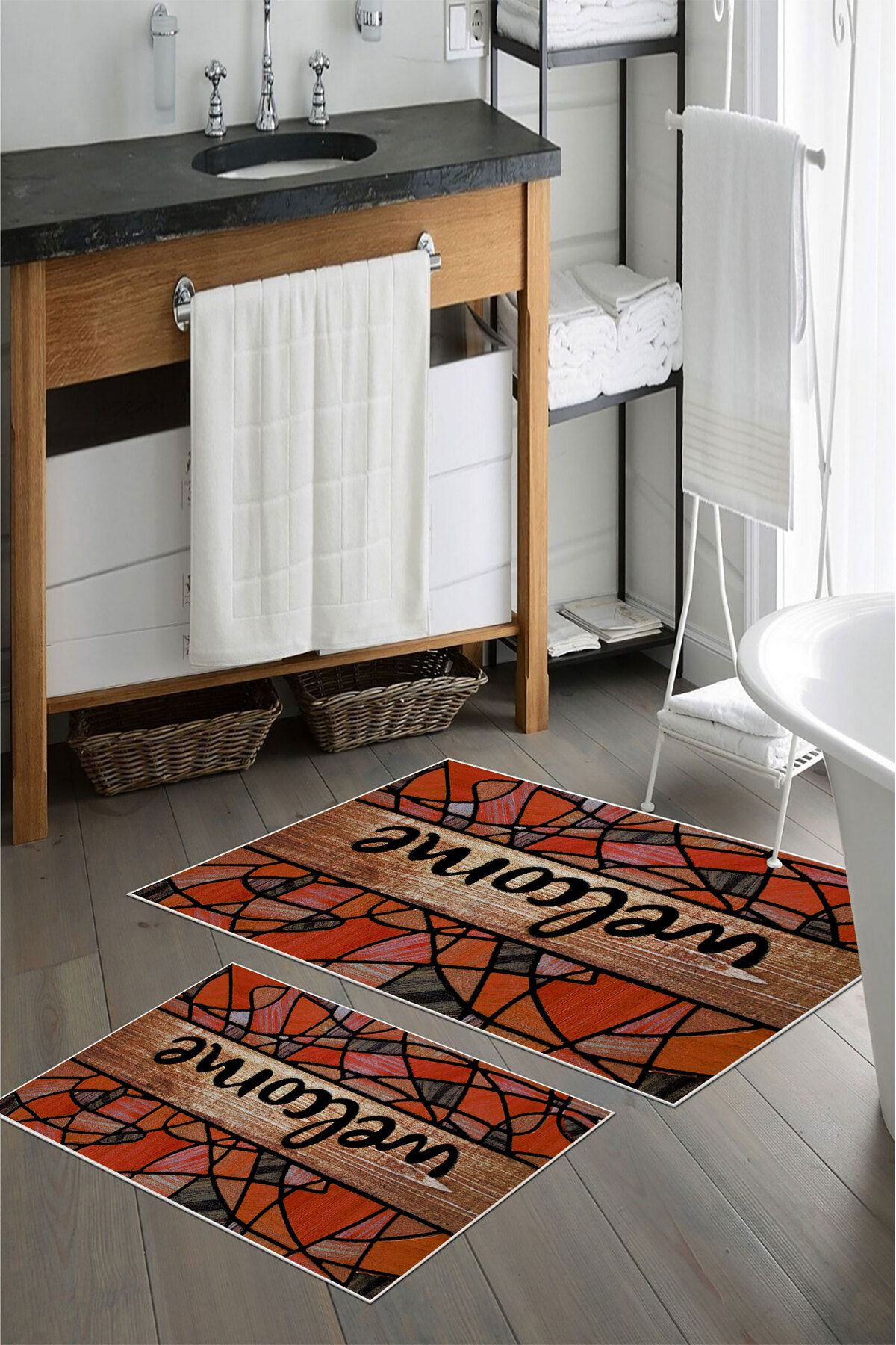 nova century Kaymaz Taban Yıkanabilir 2’li Banyo Paspası - Nova Bath Desenli 60*100 Cm - 50*60 Cm