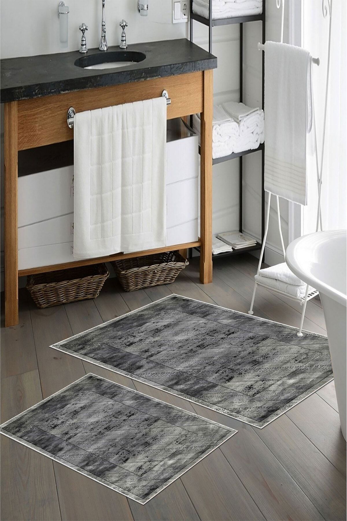 nova century Kaymaz Taban Yıkanabilir 2’li Banyo Paspası - Nova Bath Desenli 60*100 Cm - 50*60 Cm