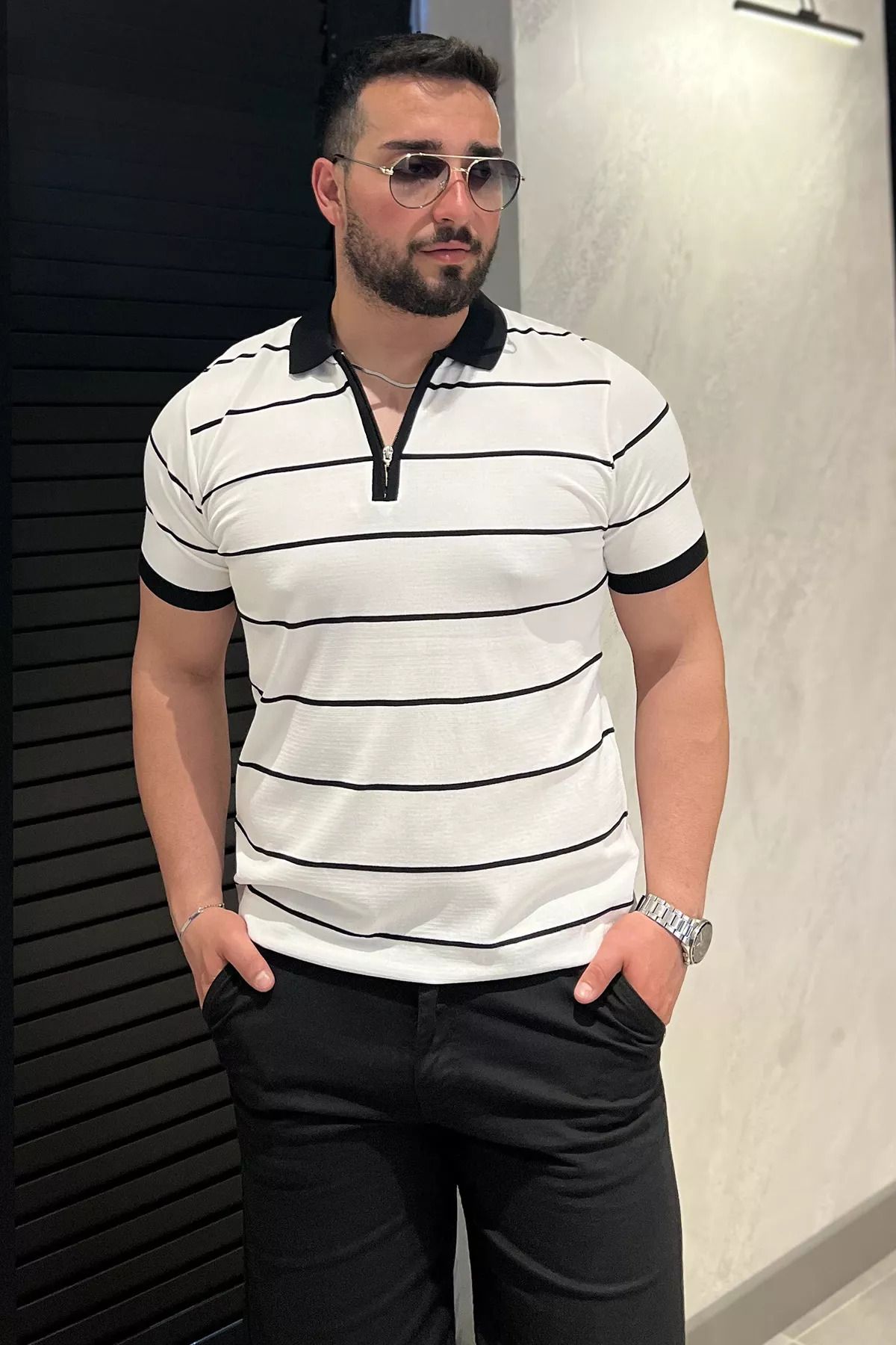MİSHAR İTALİA Beyaz Erkek Polo Yaka Yarım Fermuarlı Çizgi Desenli Triko Tişört