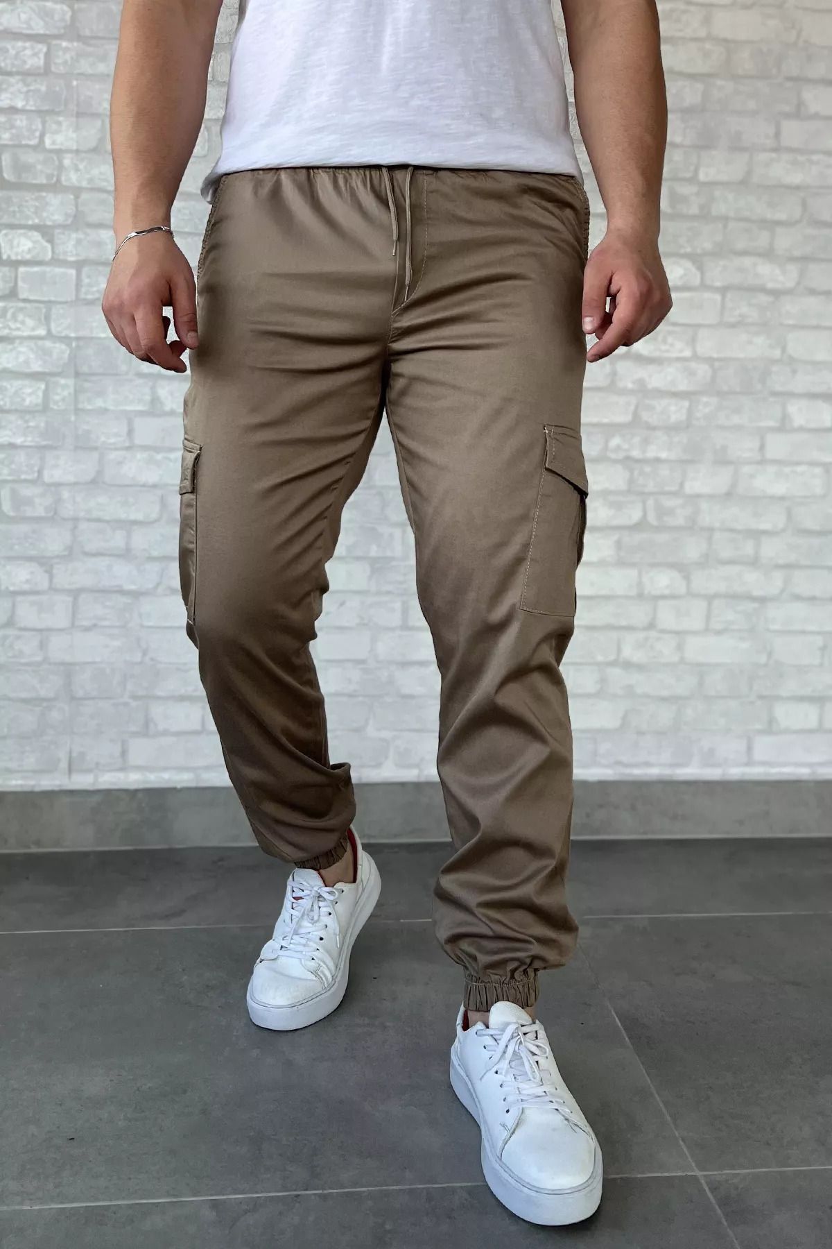 MİSHAR İTALİA Vizon Bel Ve Paça Lastikli Kargo Cep Gabardin Erkek Pantolon
