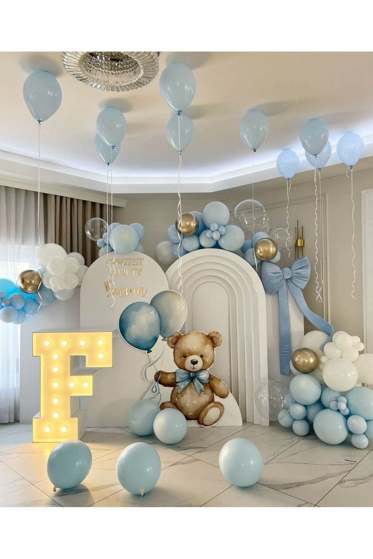 Çemrek Süs Parti Makaron Baby Blue Çok Açık Bebe Mavi Beyaz Gold Krom Balon Zinciri sEti 100 lü