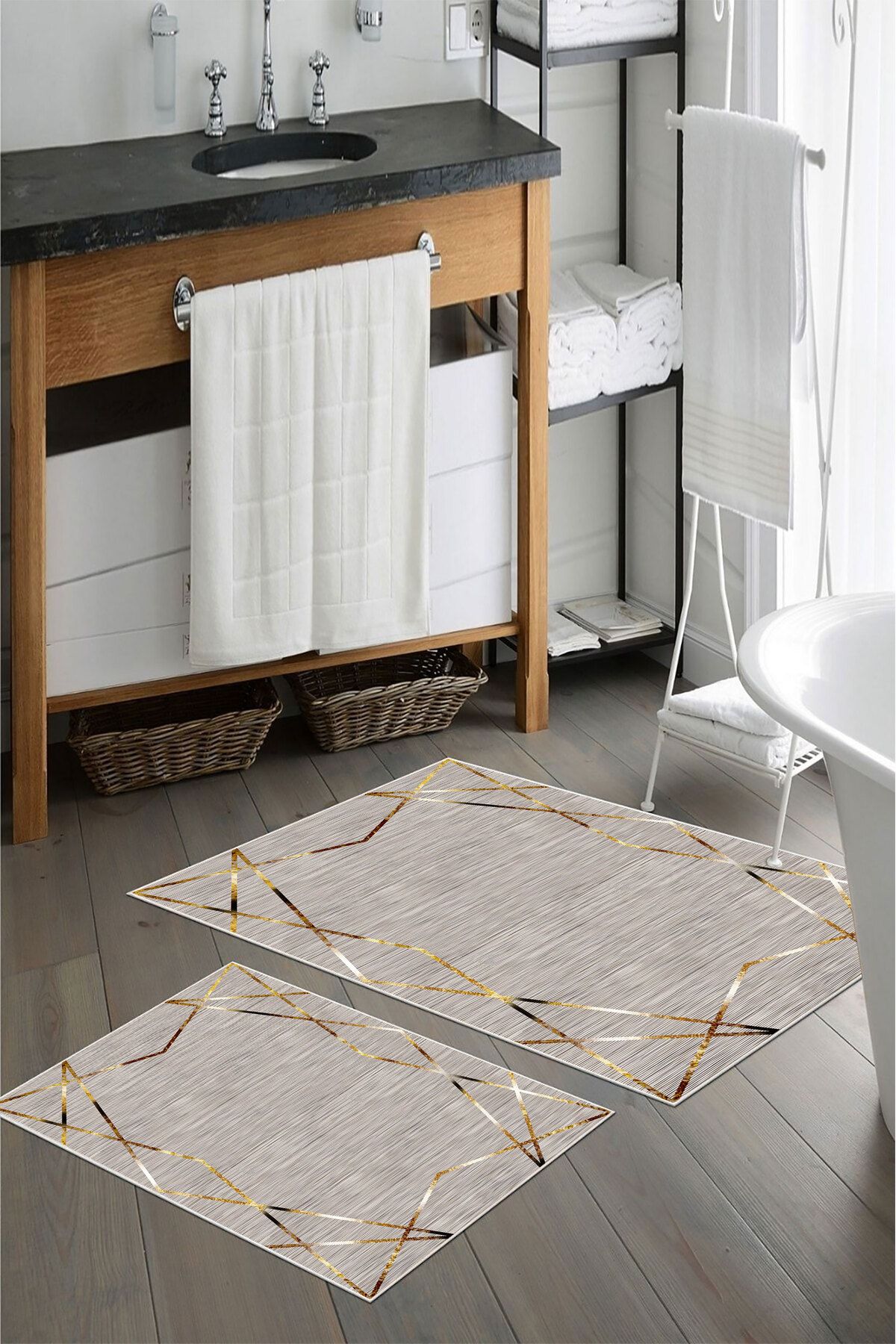 nova century Kaymaz Taban Yıkanabilir 2’li Banyo Paspası - Nova Bath Desenli 60*100 Cm - 50*60 Cm
