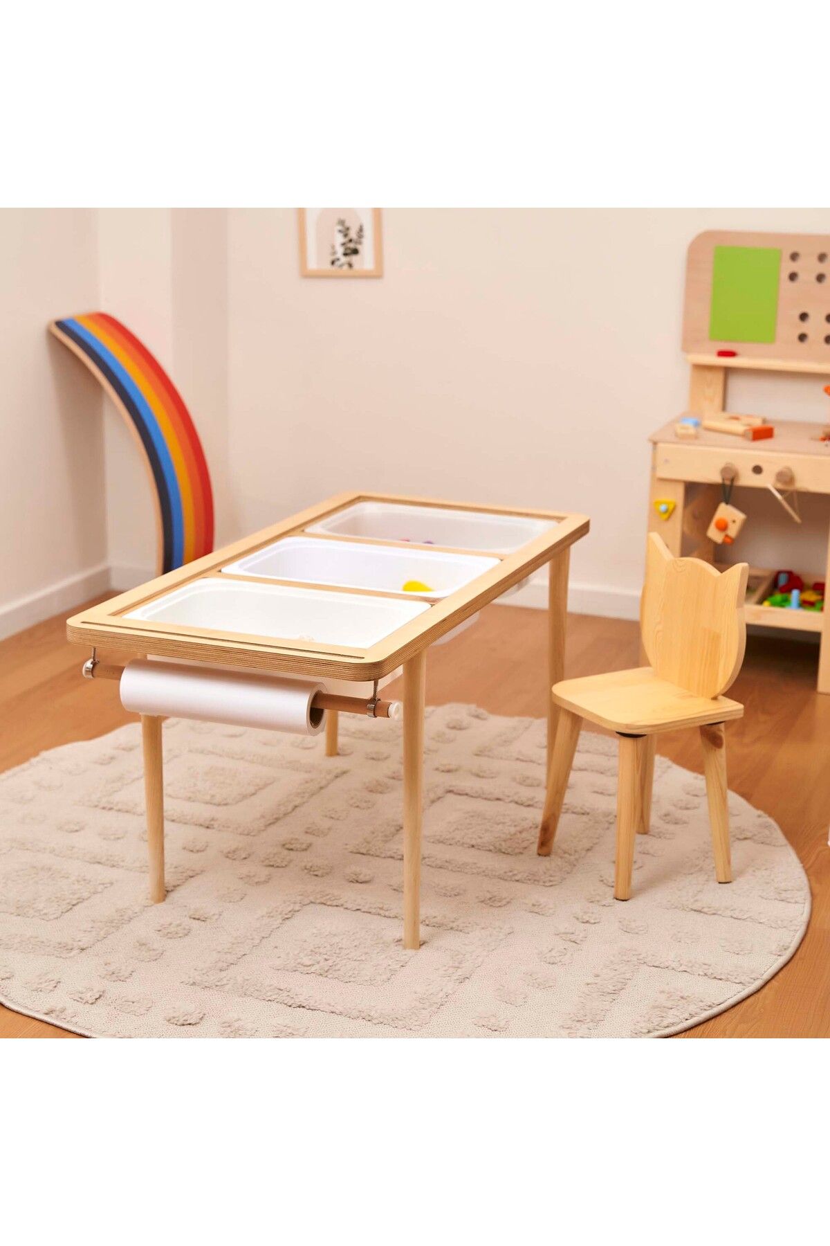 Monti Mania Montessori Huş Çocuk Aktivite Masası 3 Sepet Beyaz/kara Tahtalı Rulo Kişiselleştirilebilir 2-6 Yaş