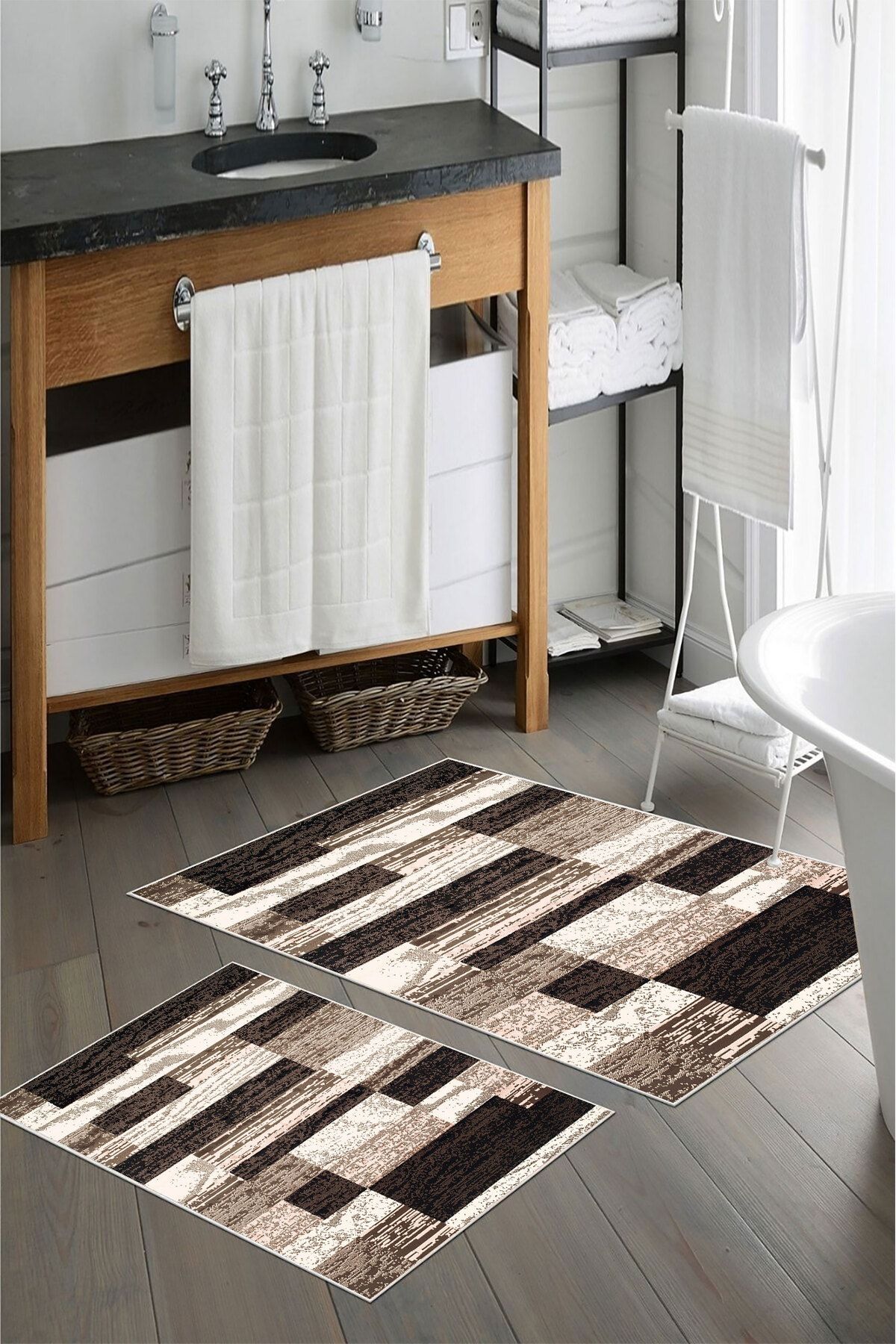 nova century Kaymaz Taban Yıkanabilir 2’li Banyo Paspası - Nova Bath Desenli 60*100 Cm - 50*60 Cm