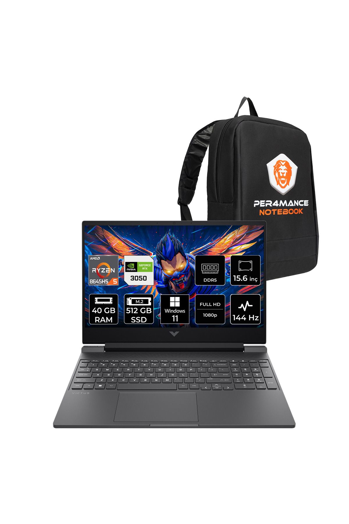 HP Victus 15 R5 8645HS 40GB RAM 512GB SSD RTX3050/6GB 144Hz 15.6'' FHD W11P Gaming Laptop & ÇANTA