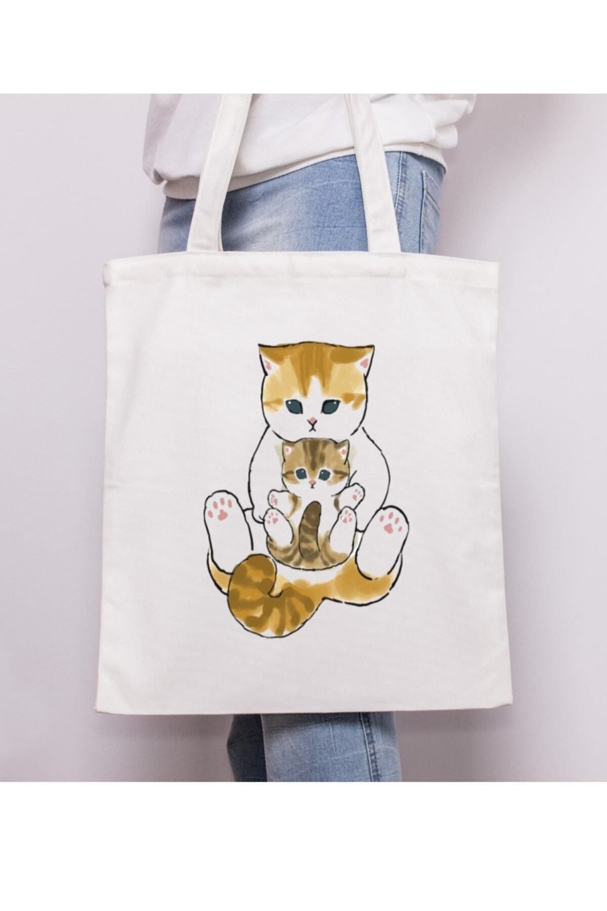 BİBANAPROMOSYON Anne Ve Yavrusu Kedi Anne Hediye Tote Bag Bez Çanta