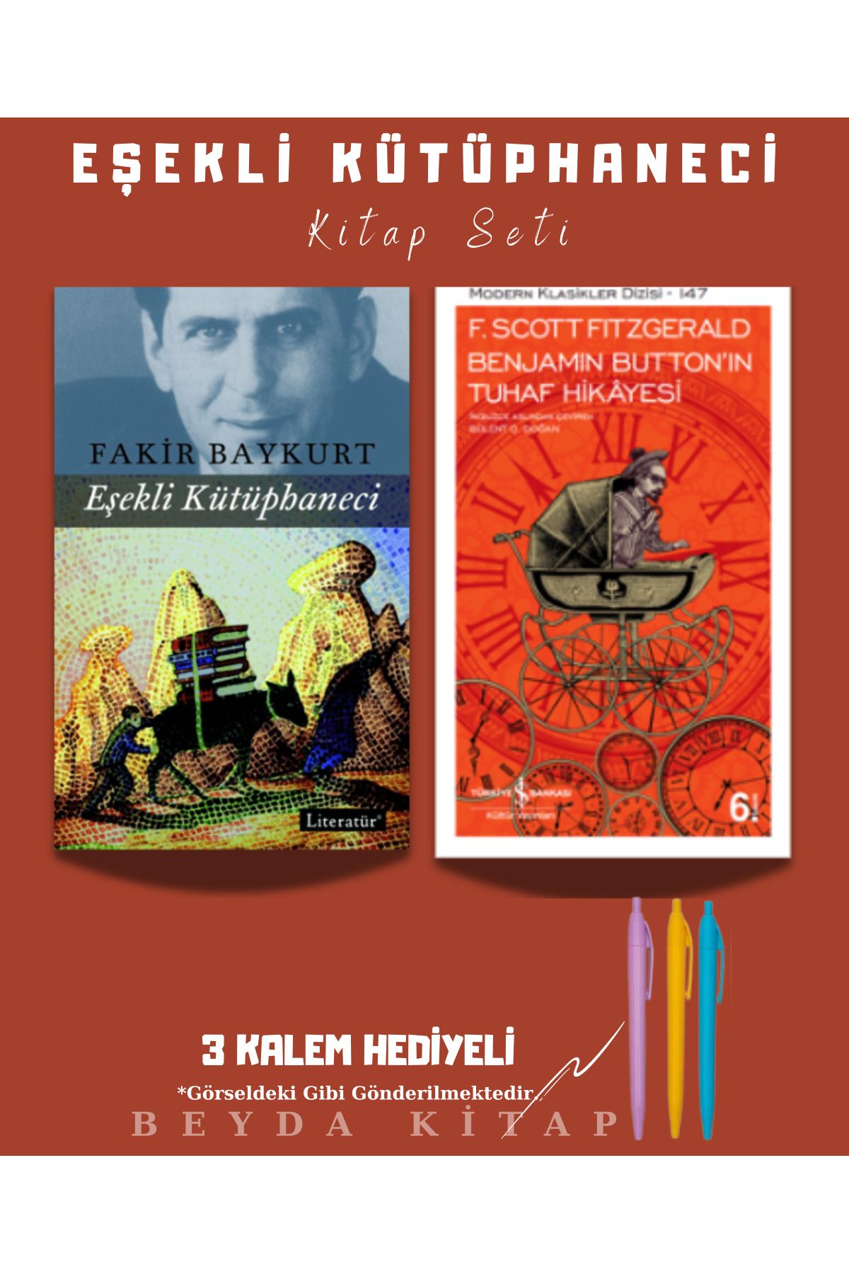 TÜRKİYE İŞ BANKASI KÜLTÜR YAYINLARI Eşekli Kütüphaneci - Benjaminin Tuhaf Hikayesi - Kitap Seti - Kalem Hediyeli