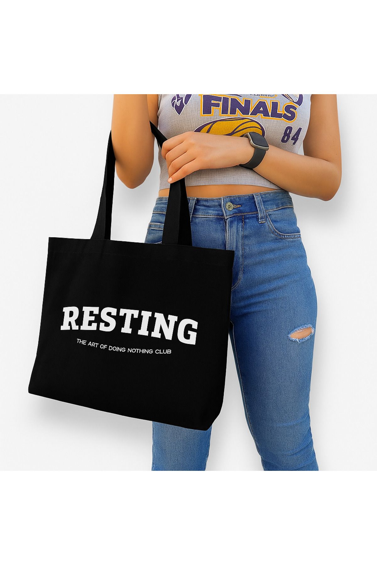 Arsenis Resting Baskılı Siyah Kanvas Bez Çanta – Kampüs, Günlük & Alışveriş için Şık ve Geniş Model