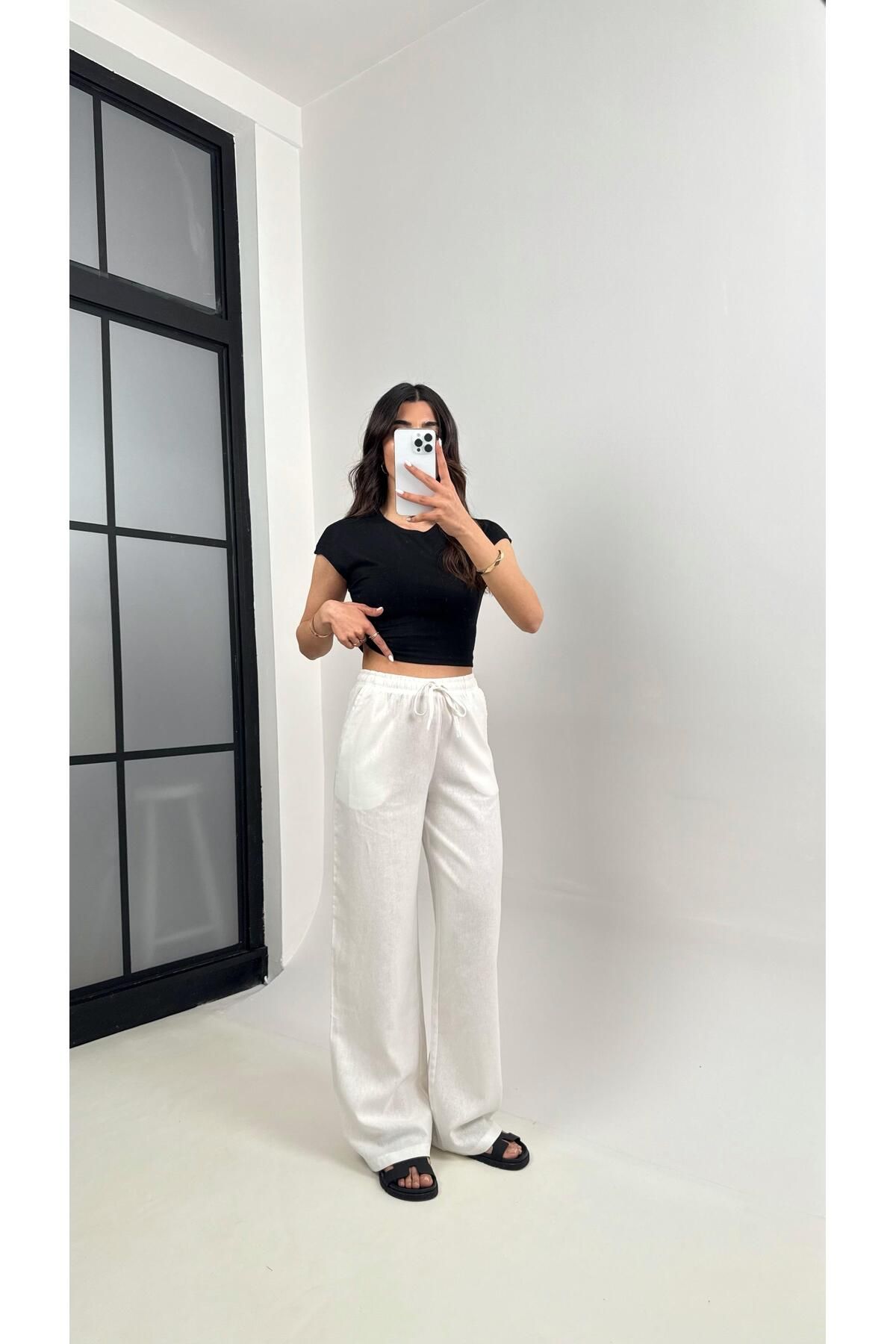 Gaus Beyaz Beli Lastikli Muadil Keten Pantolon Gaus00346