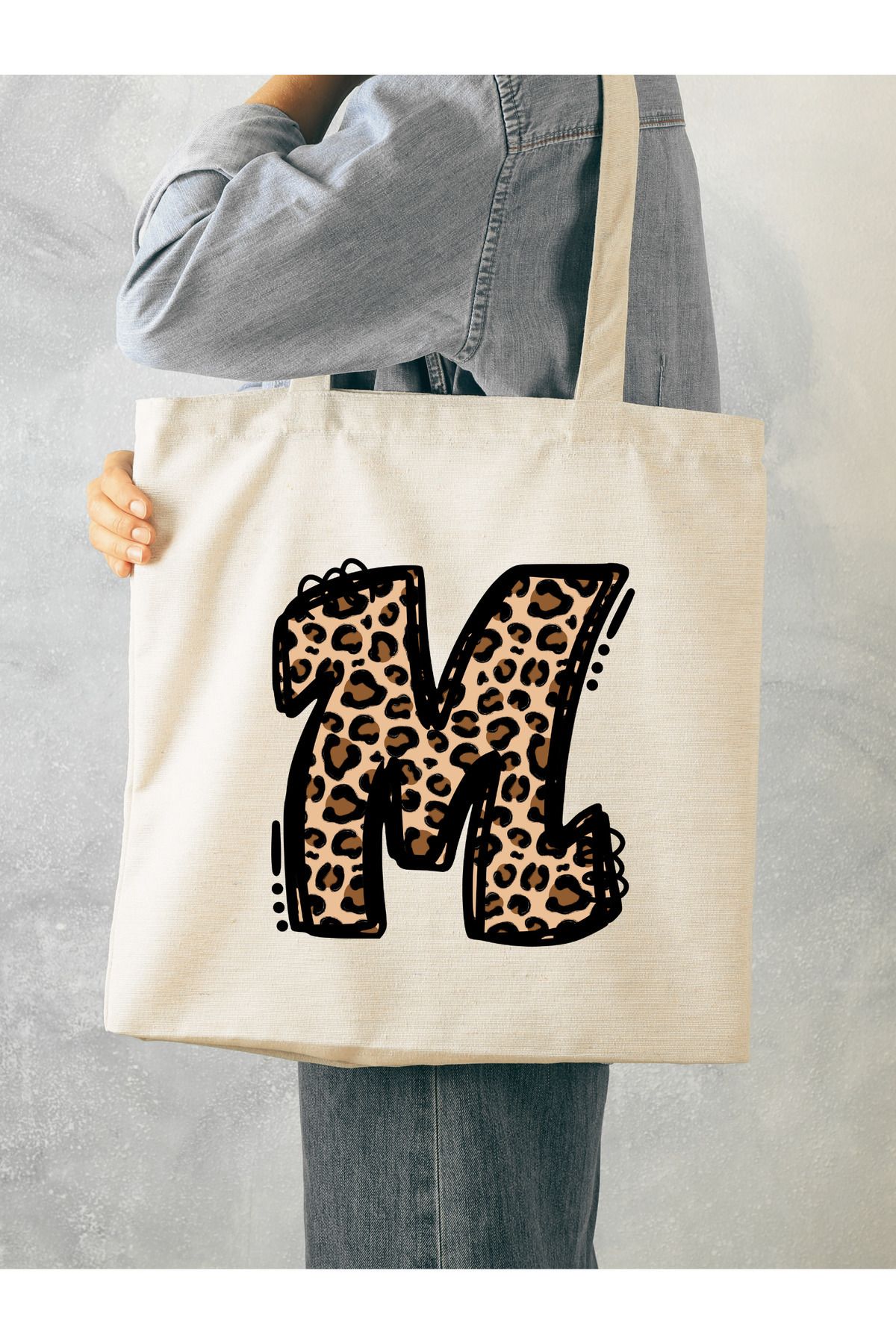 BİBANAPROMOSYON Leopar M Harfi Desenli, Y2 Pinterest Retro Bez Çanta Tote Bag, Hediye Çanta