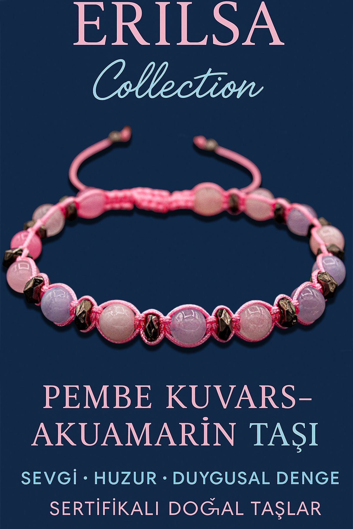 Erilsa Sertifikalı Makrome Akuamarin ve Pembe Kuvars Bileklik – Sevgi ve Şifa Enerjisi