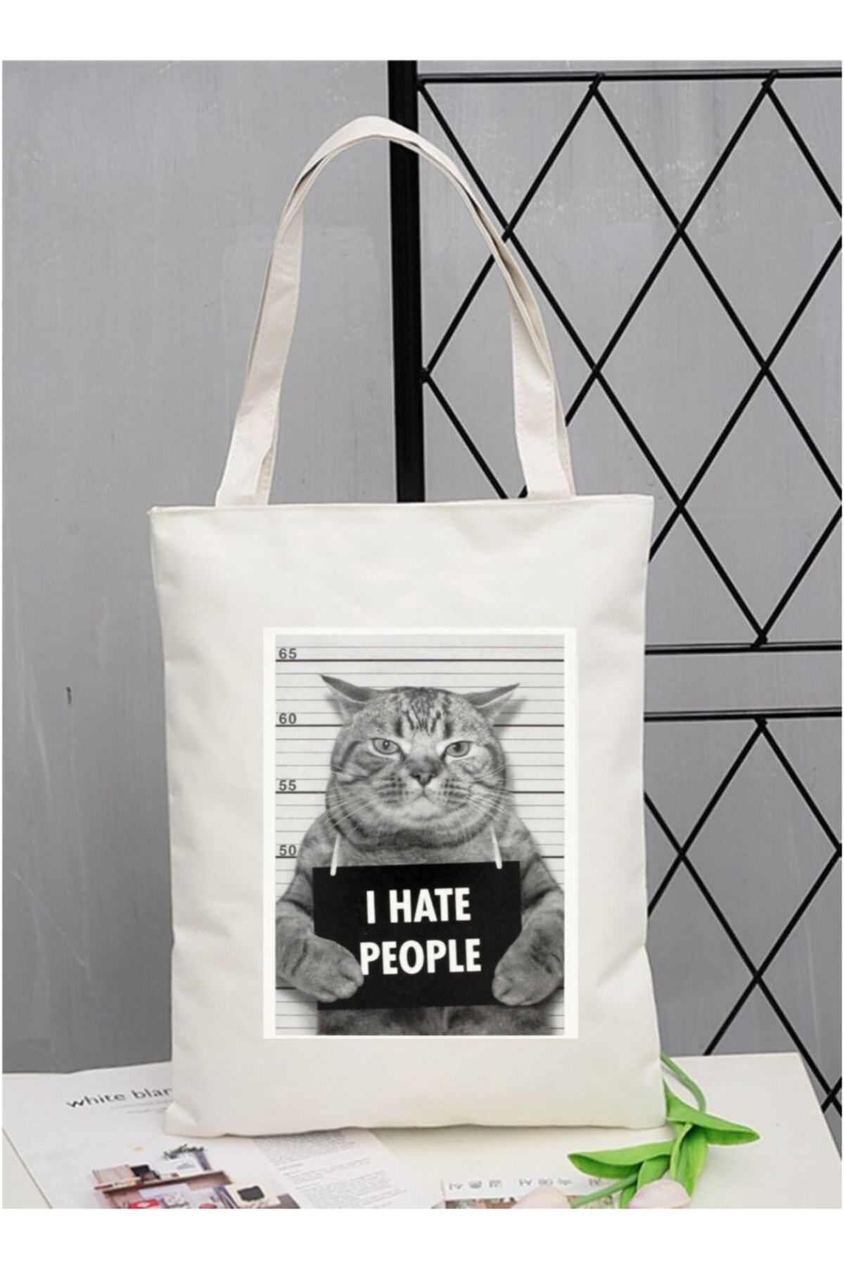 BİBANAPROMOSYON I Hate People, Cat Tasarım Tote Bag Bez Çanta